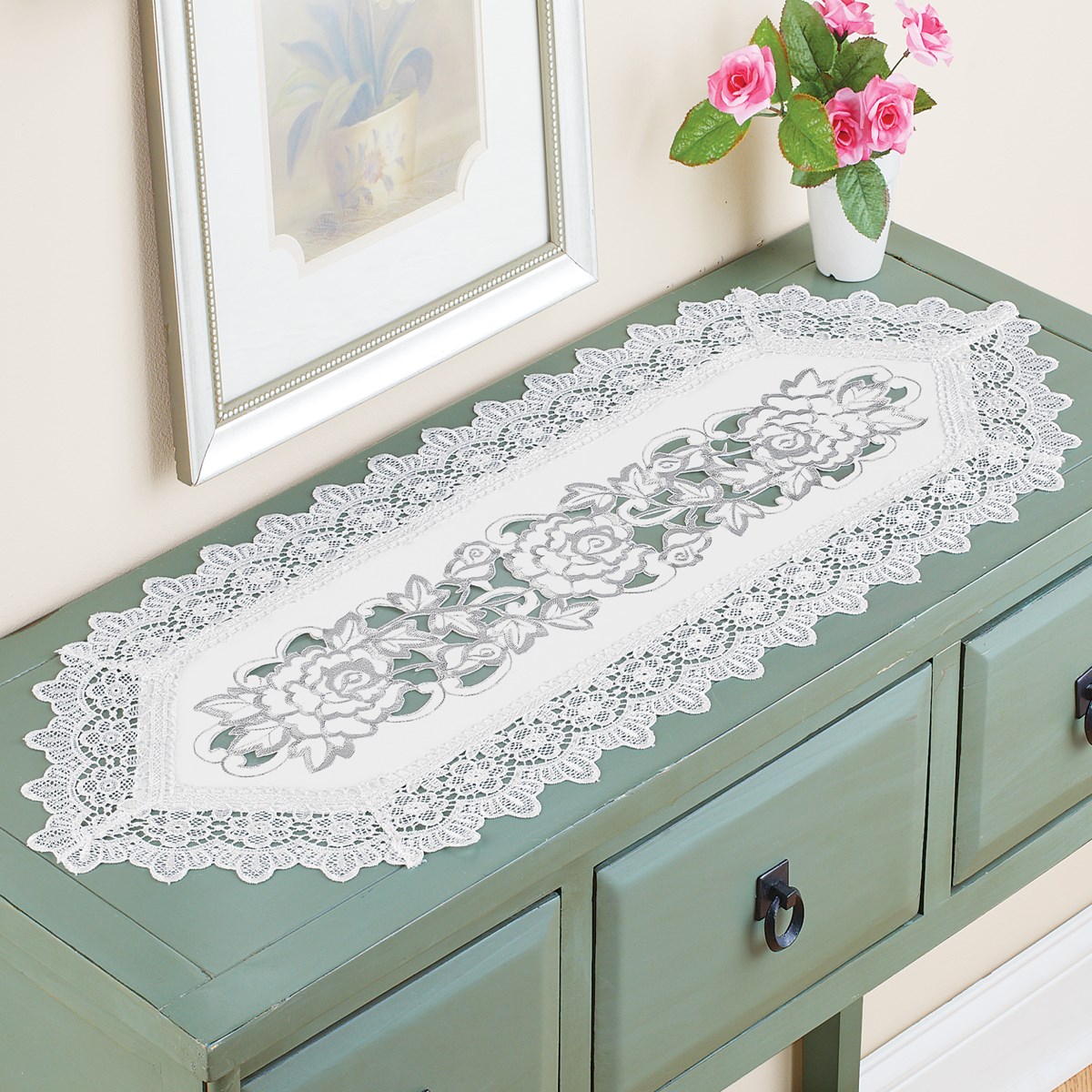 Embroidered Rose and Lace Dresser Scarf Collections Etc.