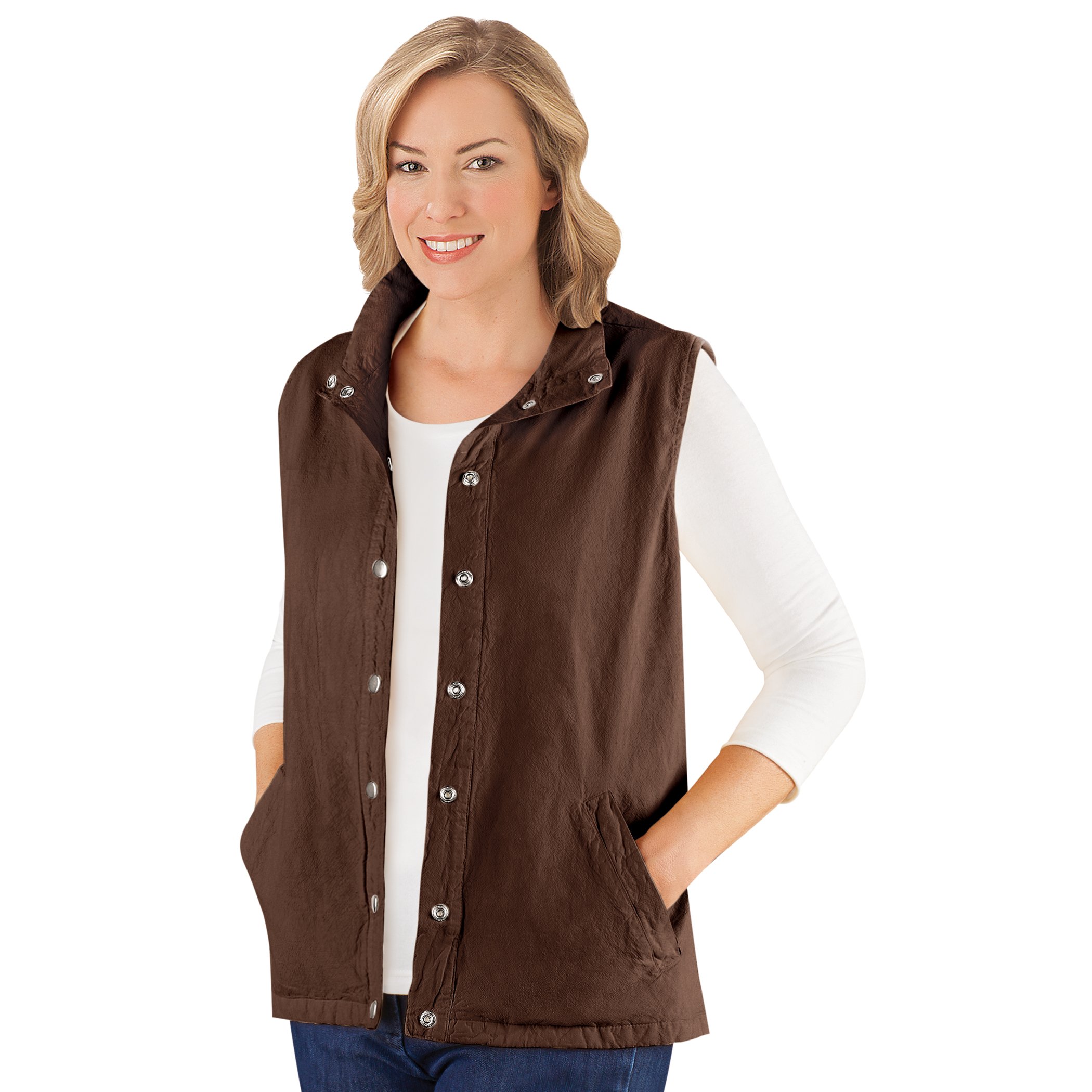 Women's Snap Front and Cinch Back Sleeveless Vest Chocolate XXX Large