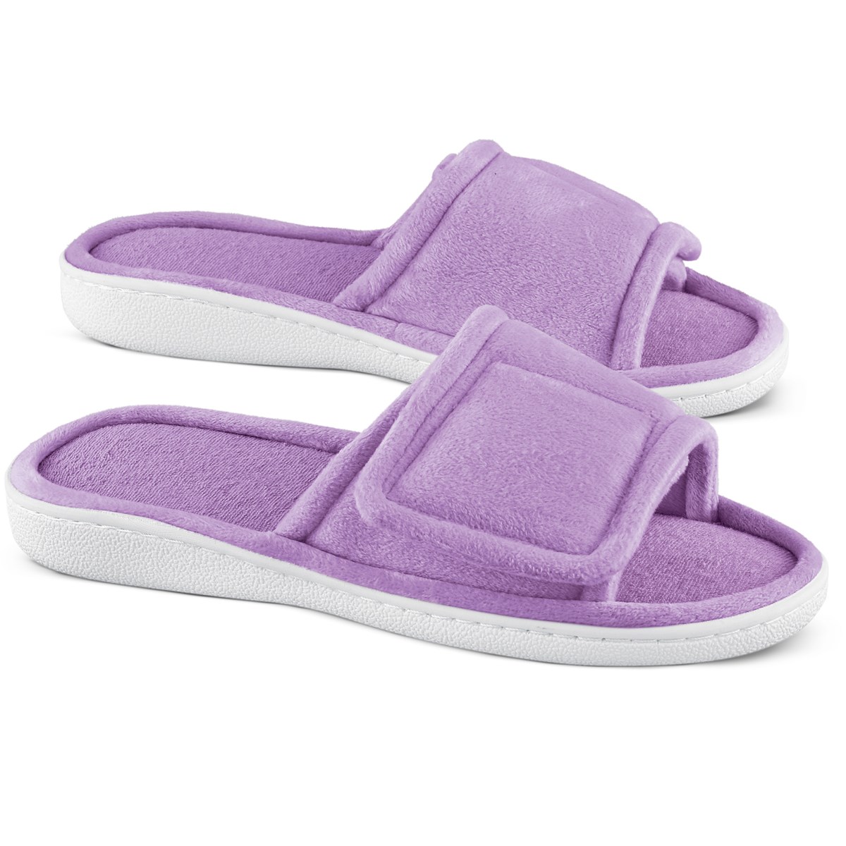 Adjustable Plush Terry Slippers with Rubber Soles Collections Etc.
