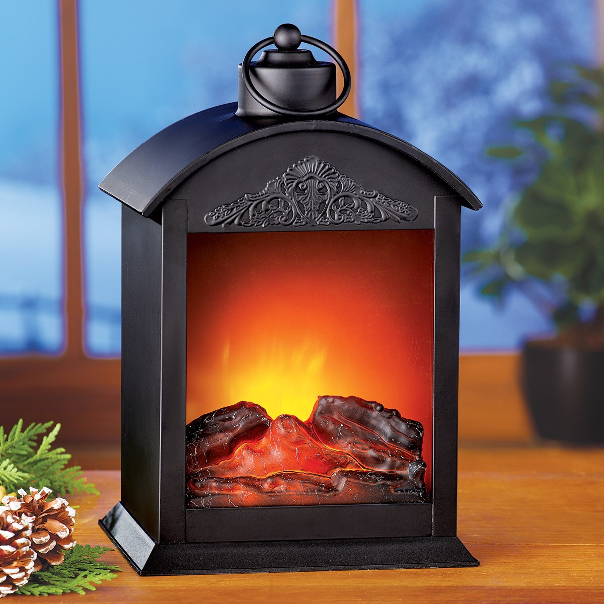 Tabletop Fireplace LED Lantern with Scroll Design | Collections Etc.