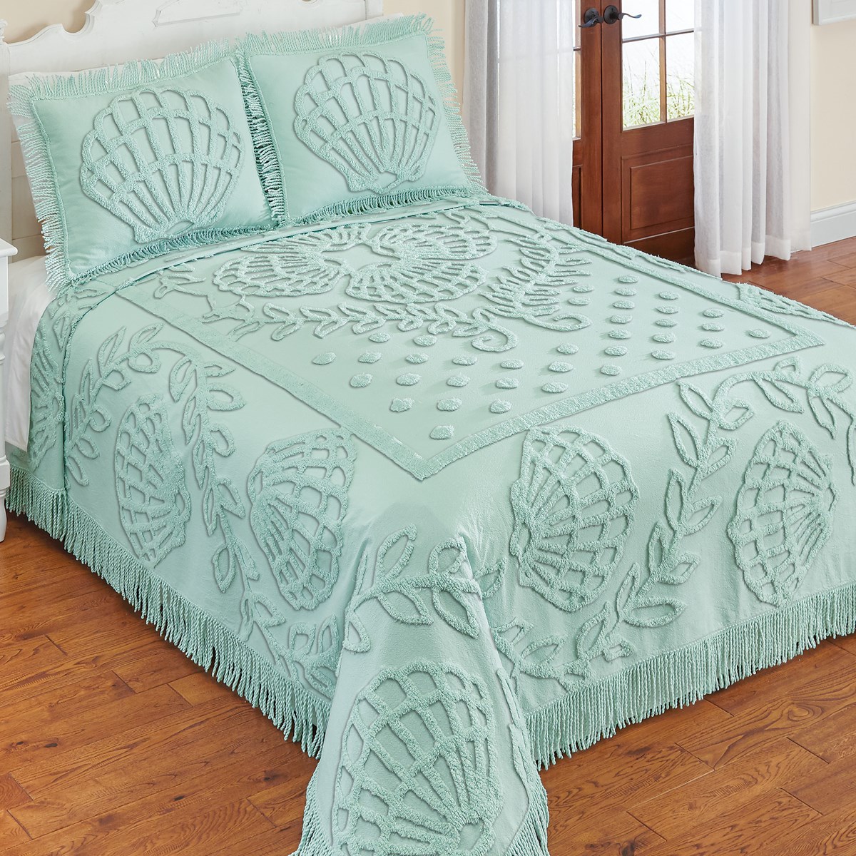 Aqua Shell Chenille Bedspread with Fringe Border Collections Etc.