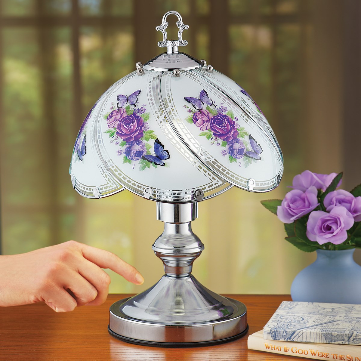 Purple Floral Touch Lamp with SilverTone Base Collections Etc.