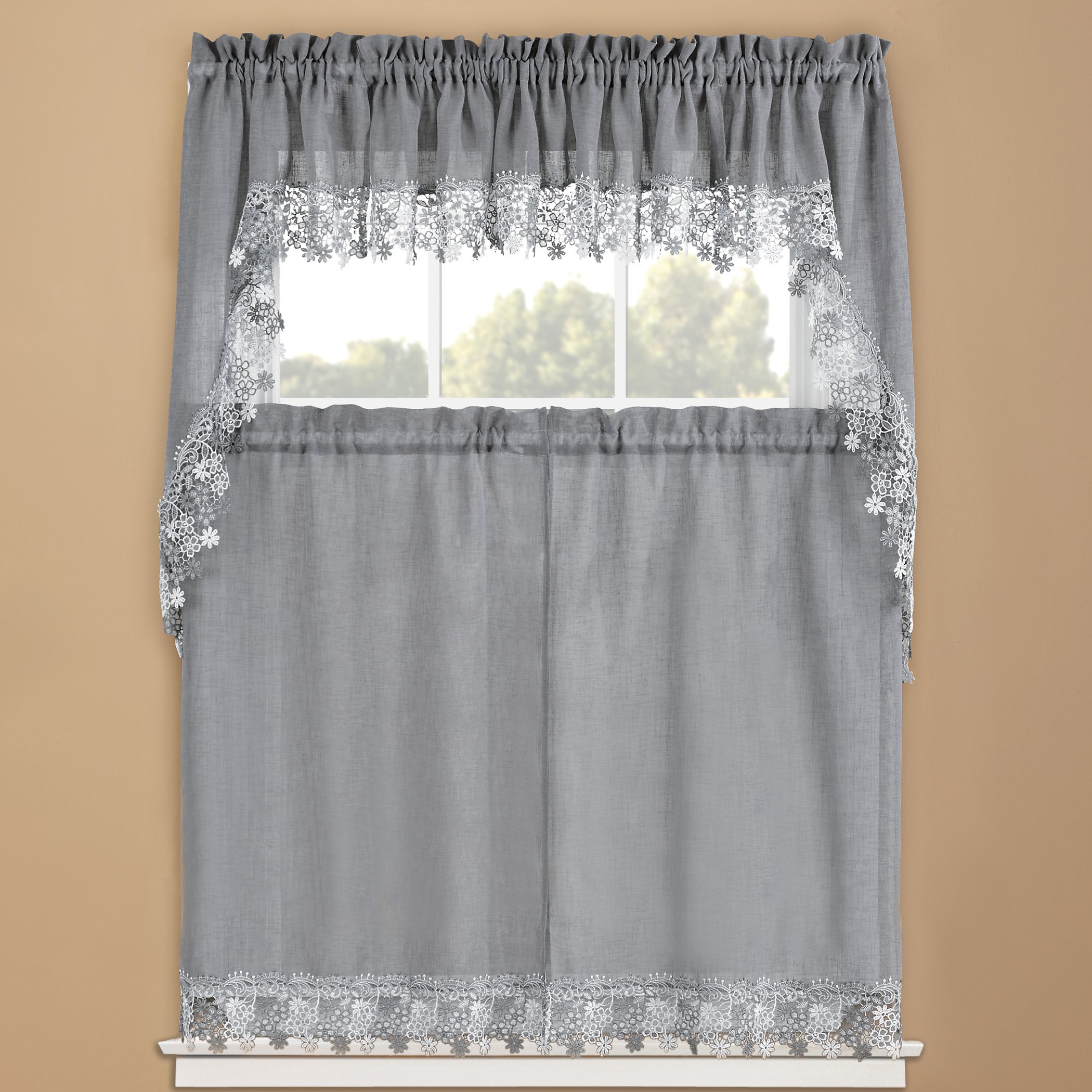 Cortinas de ventana con borde de encaje floral Lillian con bolsillo de varilla en la parte superior para colgar fácilmente - Imagen 9 de 14
