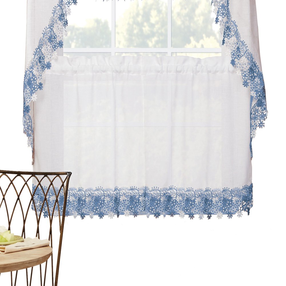 Lillian Floral Lace Trim Window Curtains with Rod Pocket on Top for Easy Hanging - Home Decor for Any Room, Blue, 56" X 24"