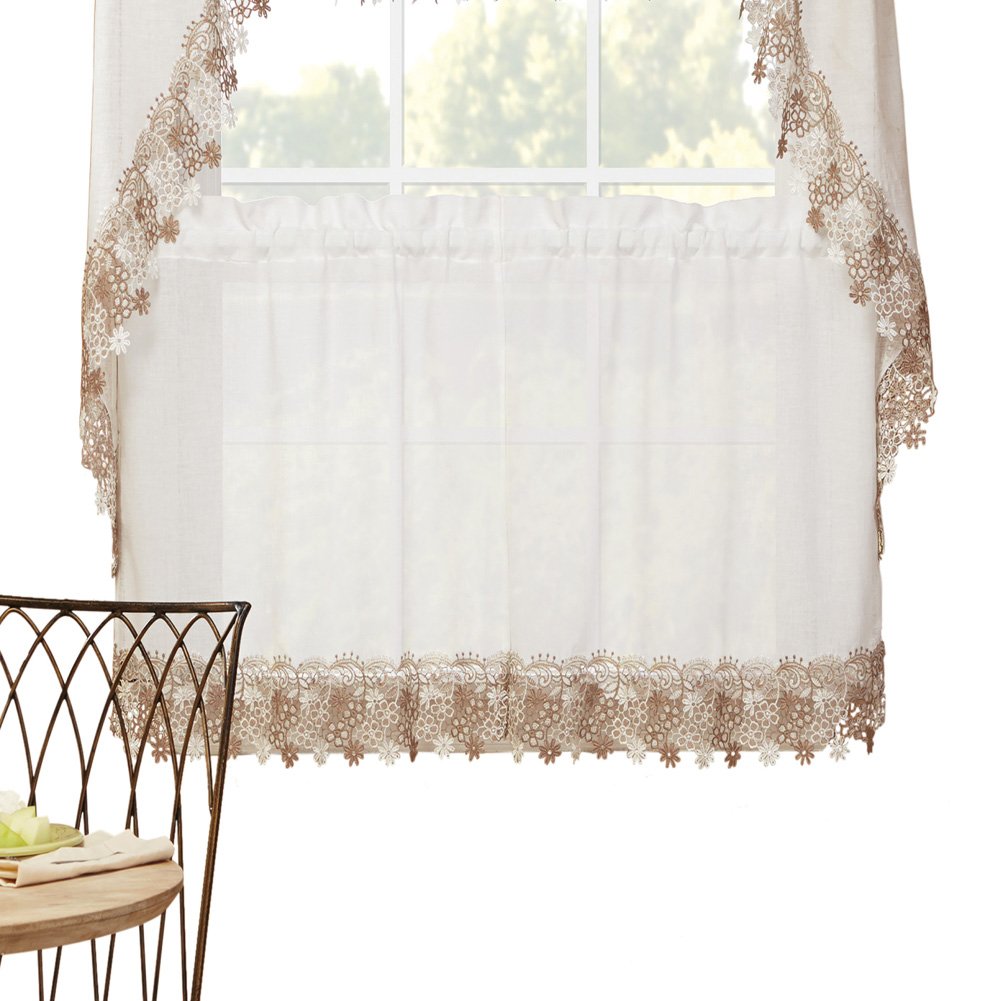 Cortinas de ventana con borde de encaje floral Lillian con bolsillo de varilla en la parte superior para colgar fácilmente - Imagen 10 de 14