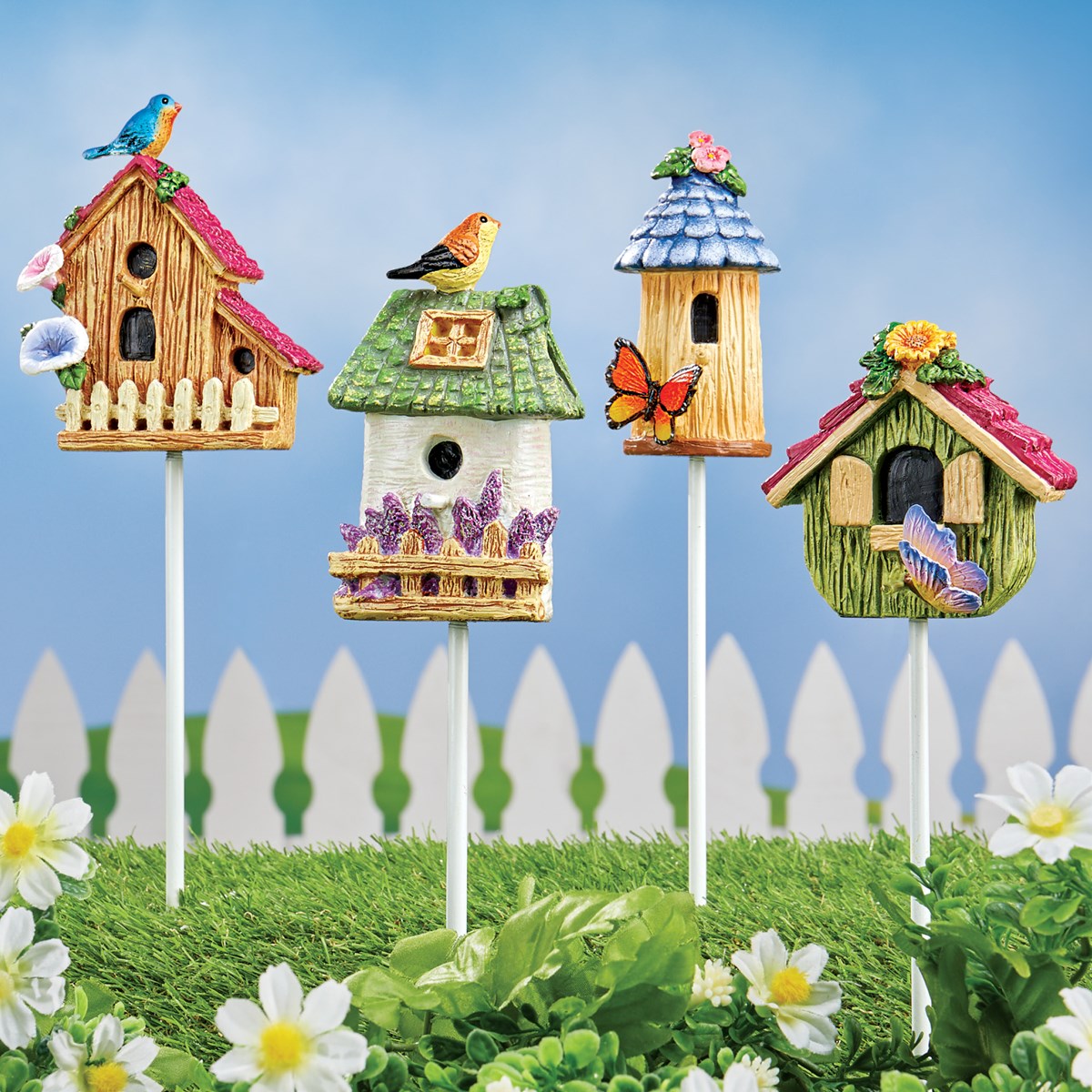 Whimsical Miniature Birdhouse Stakes Set of 4 Collections Etc.