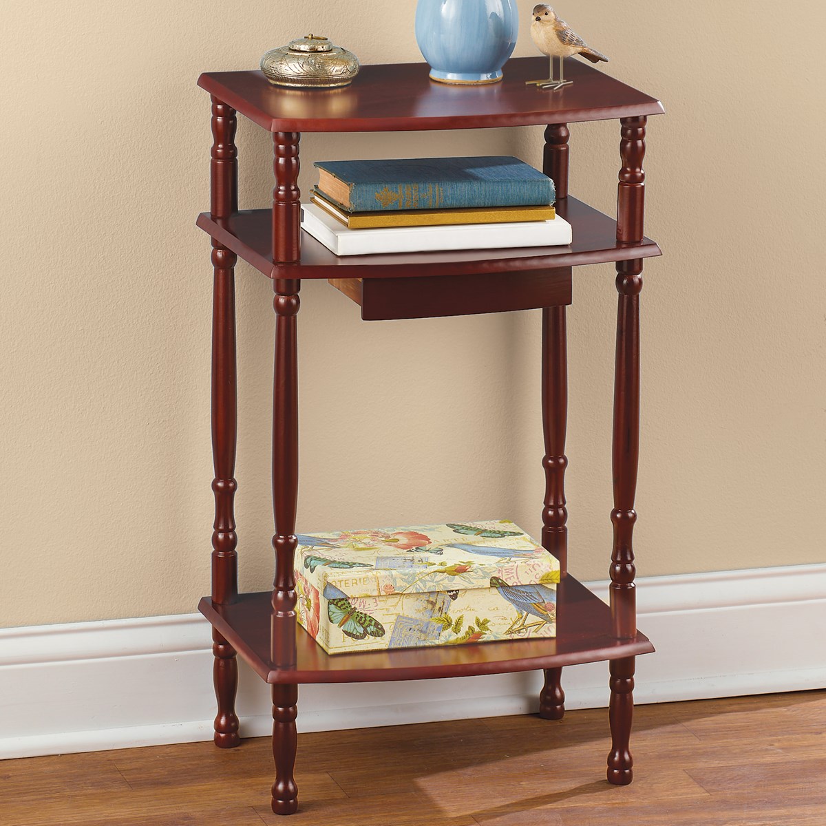 Wooden Accent Table with Three Shelves and Drawer Collections Etc.