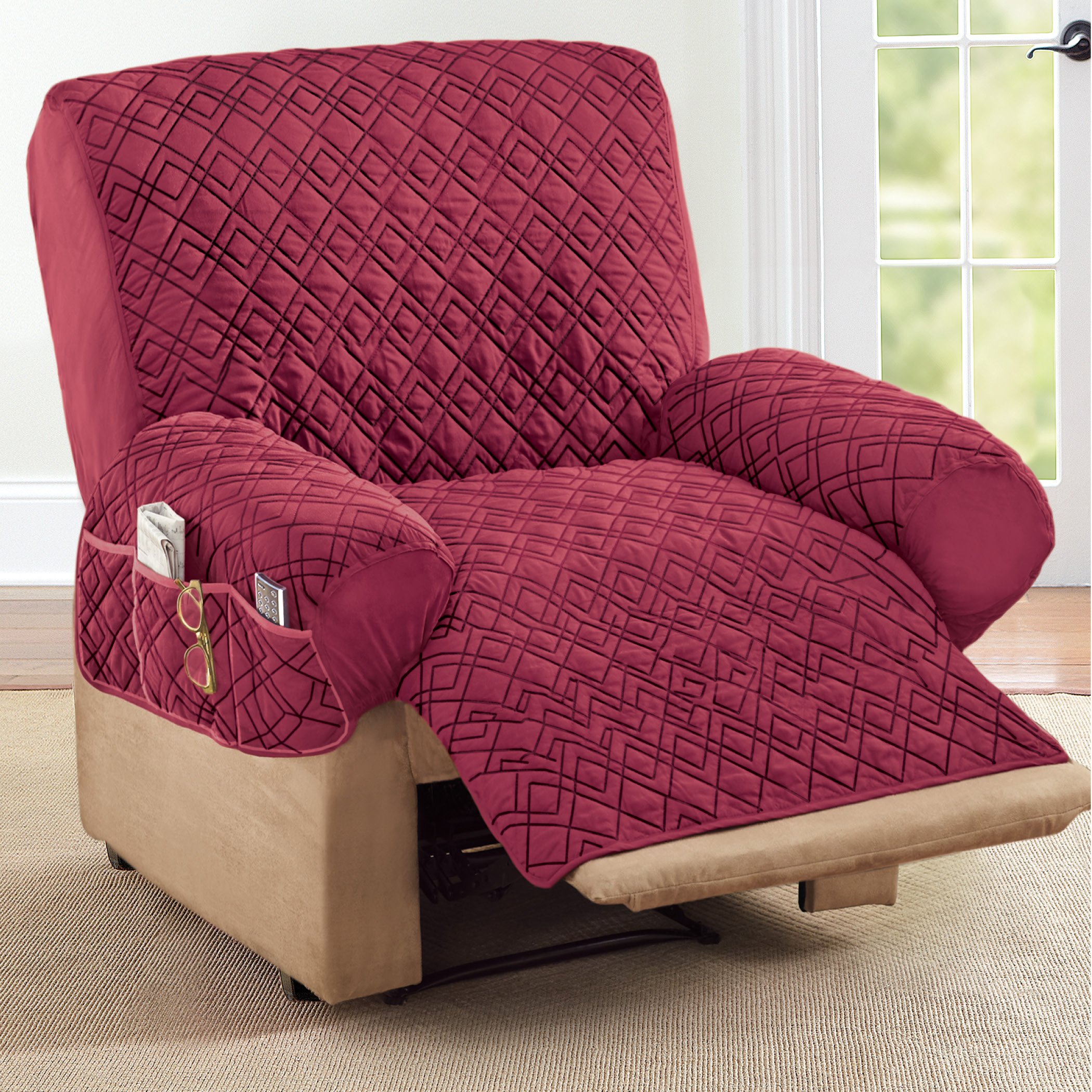 Diamond Quilted Stretch Recliner Cover with Storage - Picture 5 of 18