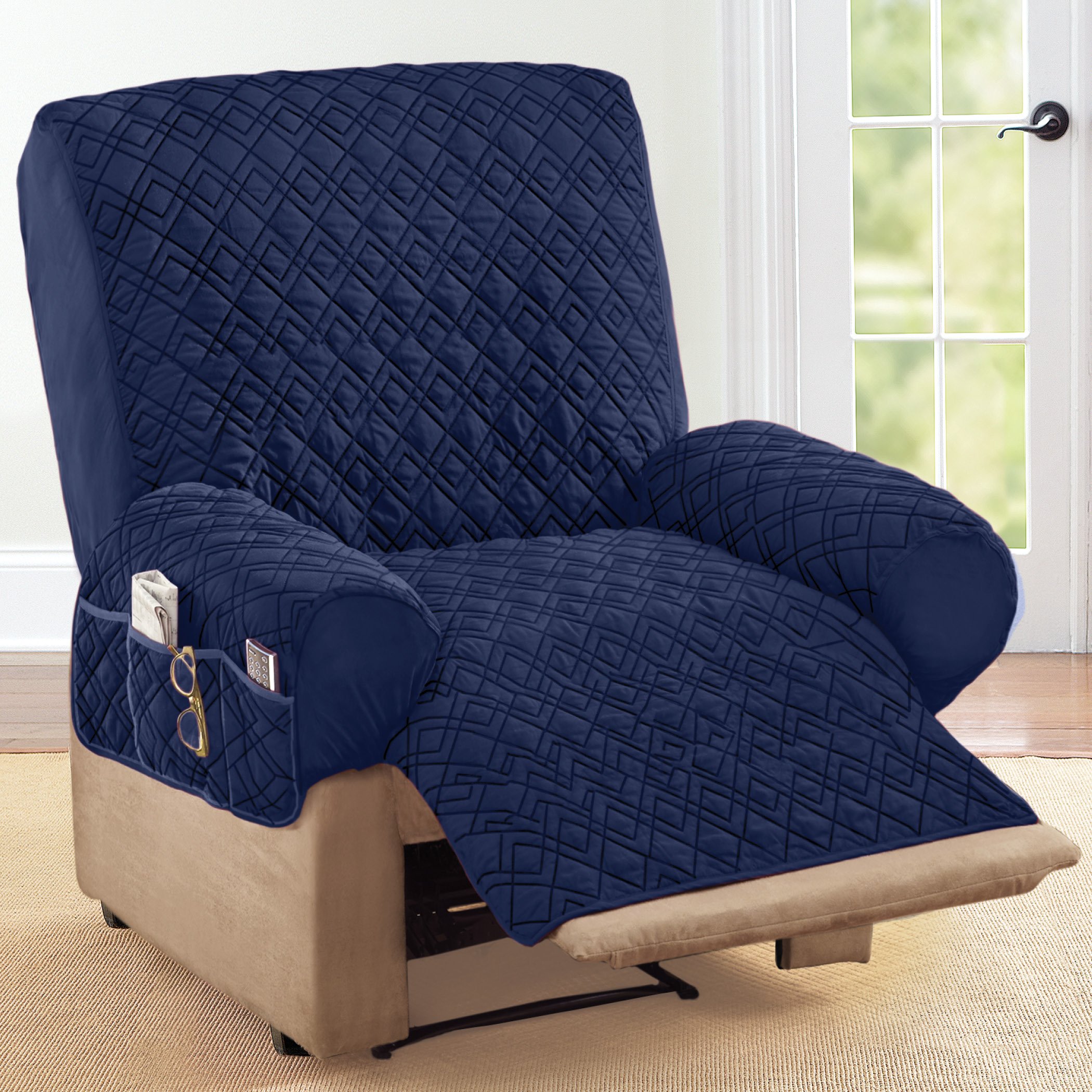 Diamond Quilted Stretch Recliner Cover with Storage - Picture 11 of 18
