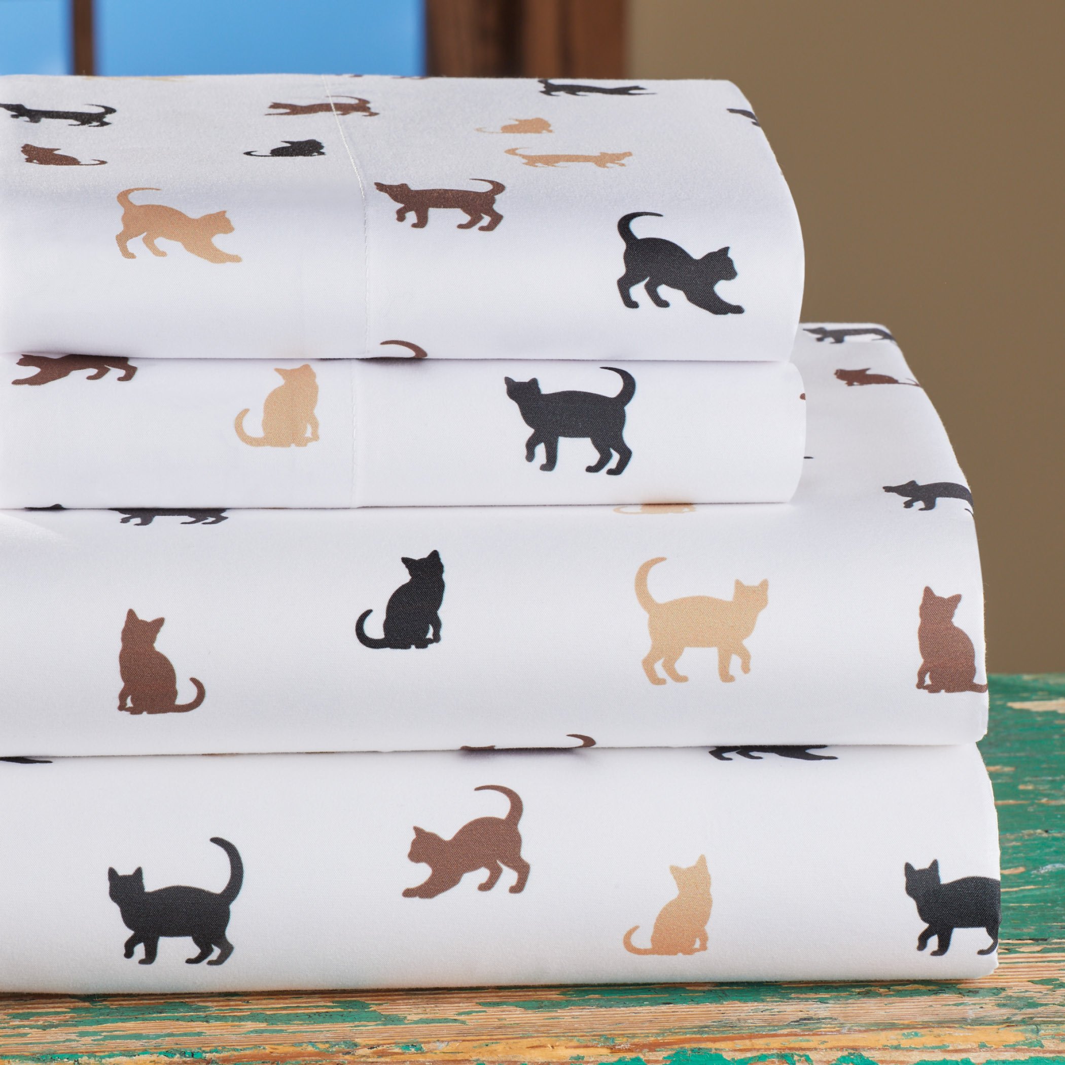 Flat Sheet and Two Pillow Cases Adorable Silhouette Cat Sheets Includes a Fitted Sheet Set of 4