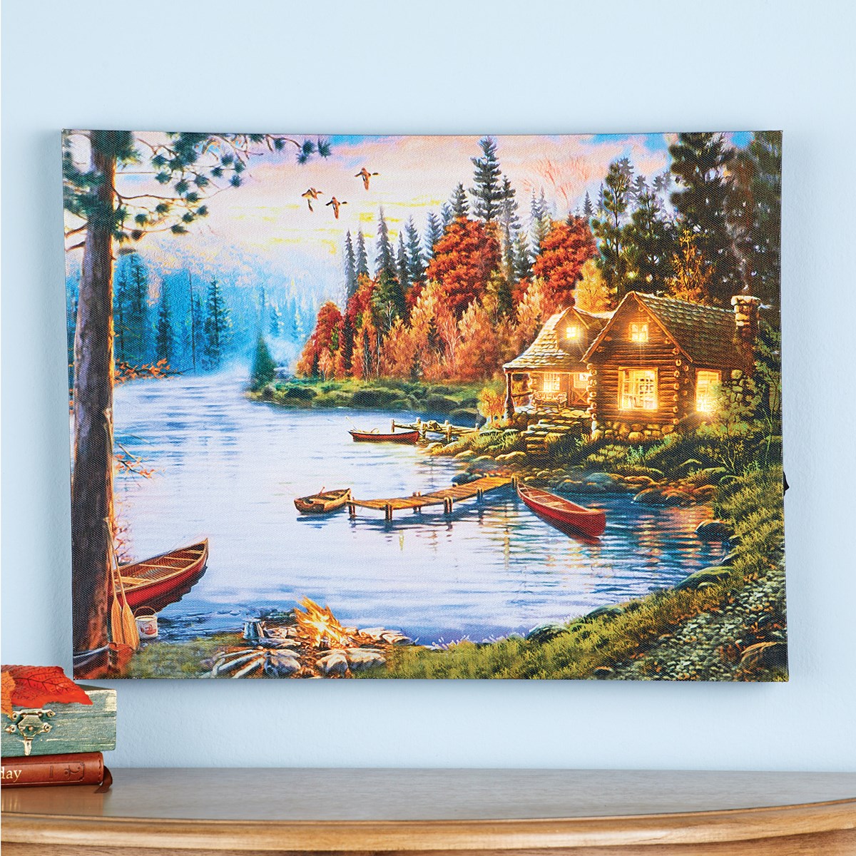 Peaceful LED Lighted Log Cabin Canvas Wall Art Collections Etc.