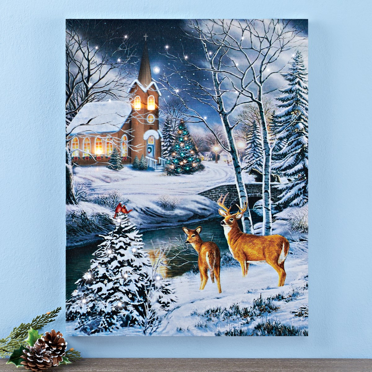 Lighted Wintery Church Scene Canvas Wall Art Collections Etc.