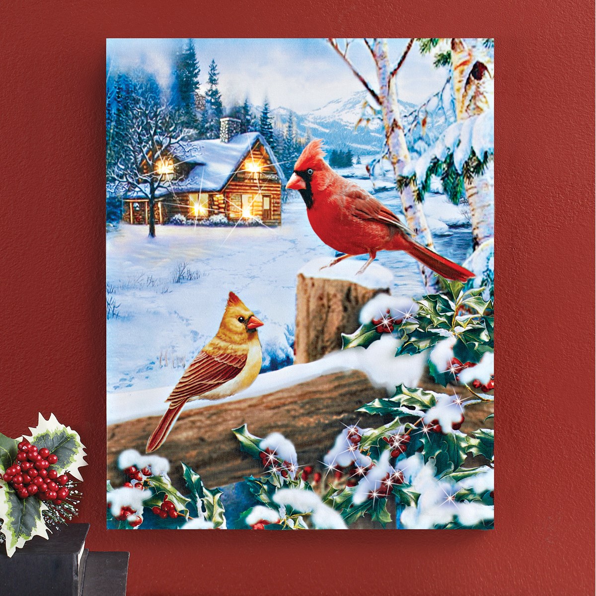 Lighted Cardinals on Snowy Fence Canvas Wall Art Collections Etc.