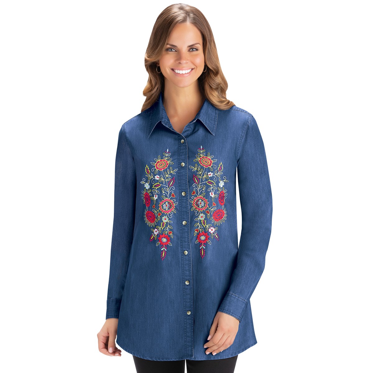 Floral Embroidered Denim Button Down Shirt Collections Etc.