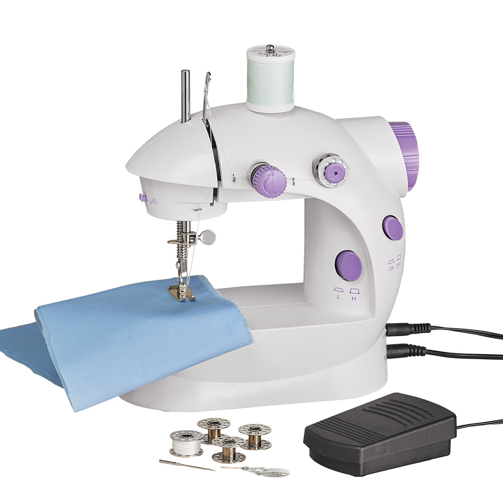 Handy Pre-Threaded Mini-Sewing Machine Includes Built-In Light, Threader, Thread Cutter, Bobbins, Needles and Foot Peddle