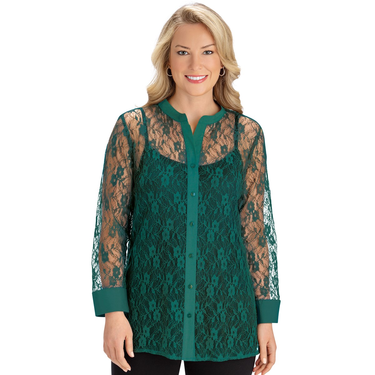 AllOver Sheer Lace Button Up Shirt with Camisole Collections Etc.