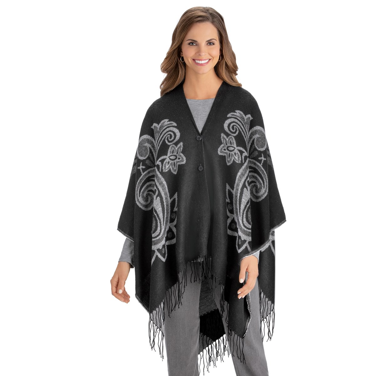Paisley Print WrapAround Poncho with Fringe Trim Collections Etc.