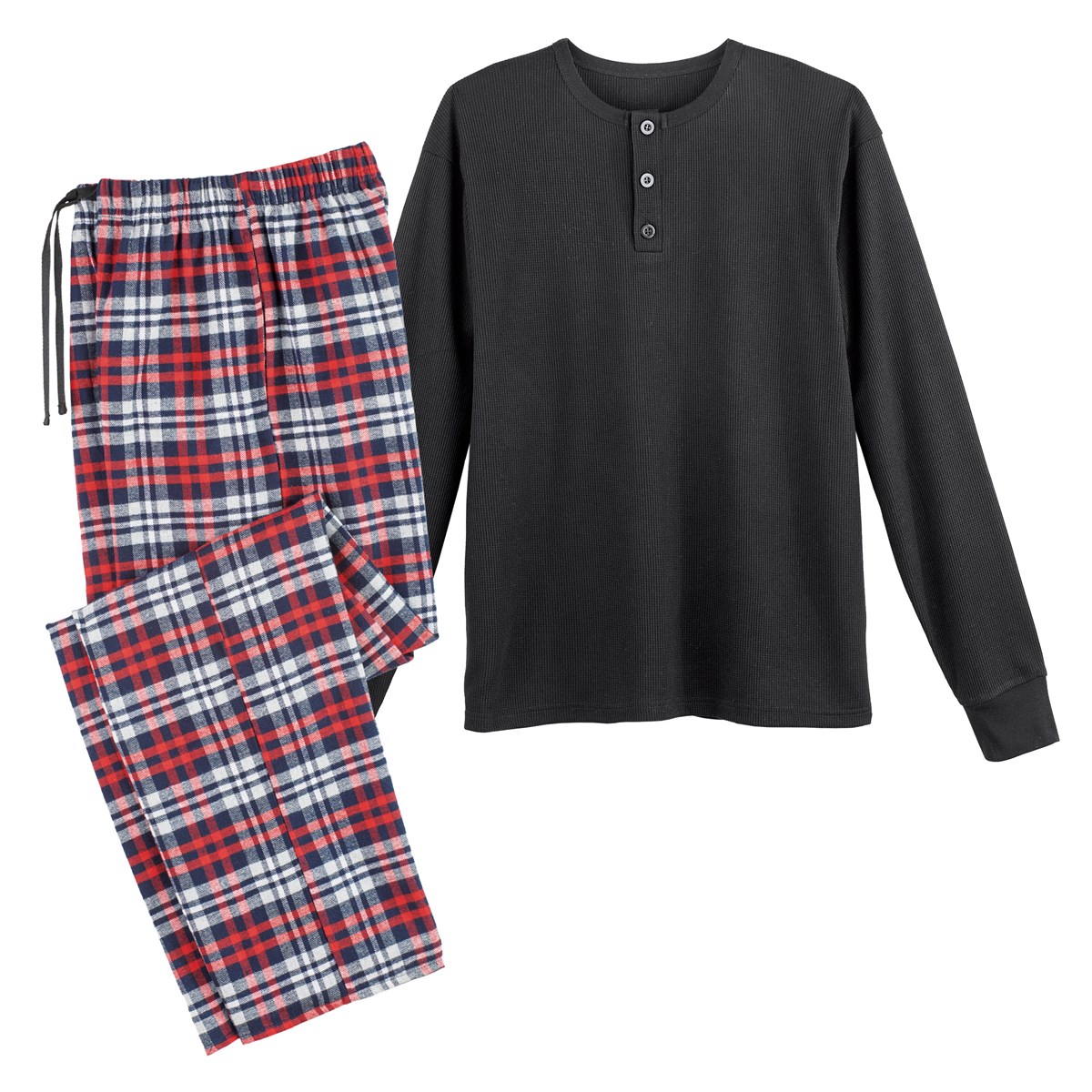Henley Collar Mens Pajama Set with Flannel Pants Collections Etc.