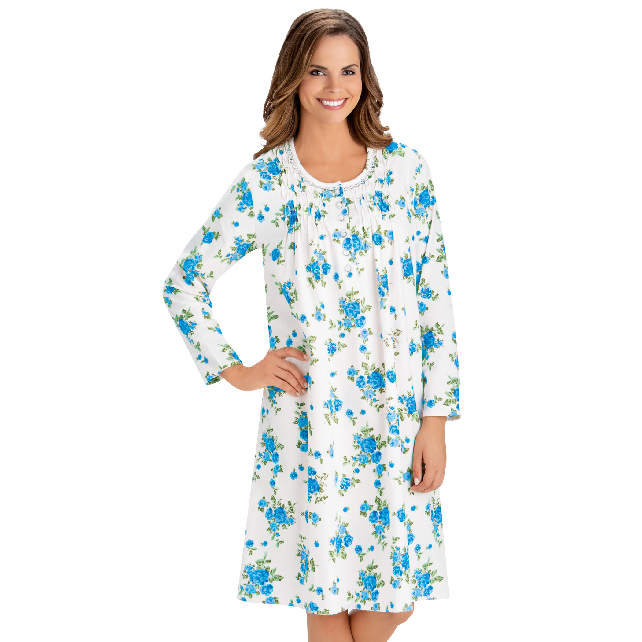 Long Sleeve Floral Flannel Nightgown with Scoop Neck Large Gowns Blue