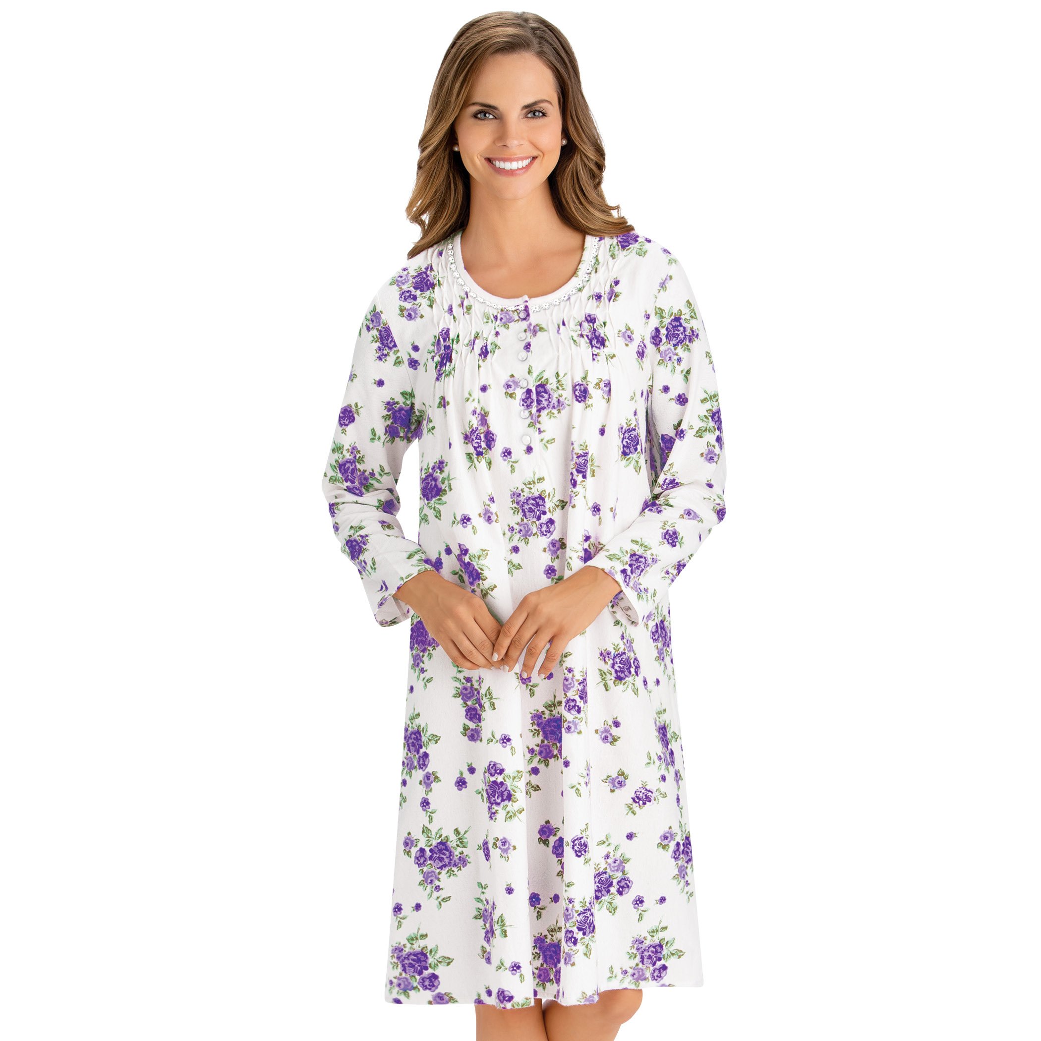 Long Sleeve Floral Flannel Nightgown with Scoop Neck Large Women Gowns Lilac