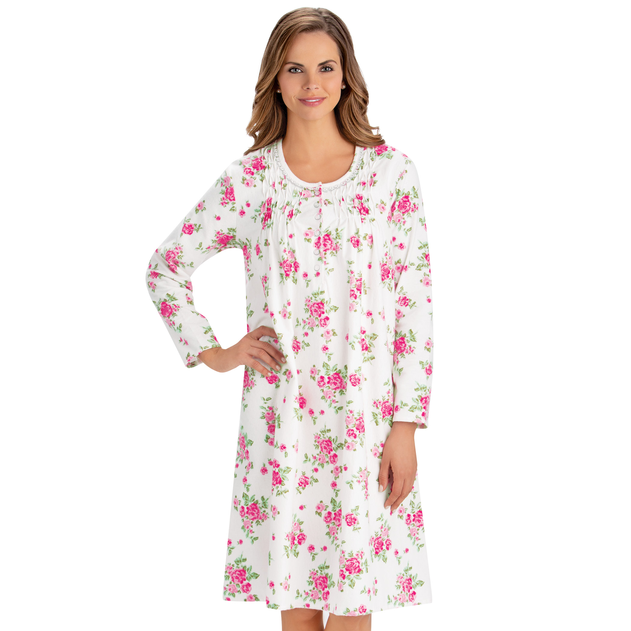 Long Sleeve Floral Flannel Nightgown with Scoop Neck Large Women Gowns Pink