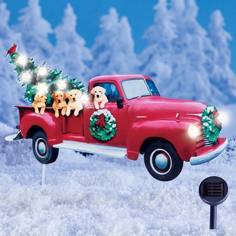 Solar Red Holiday Truck And Puppies Metal Yard Stake Collections Etc