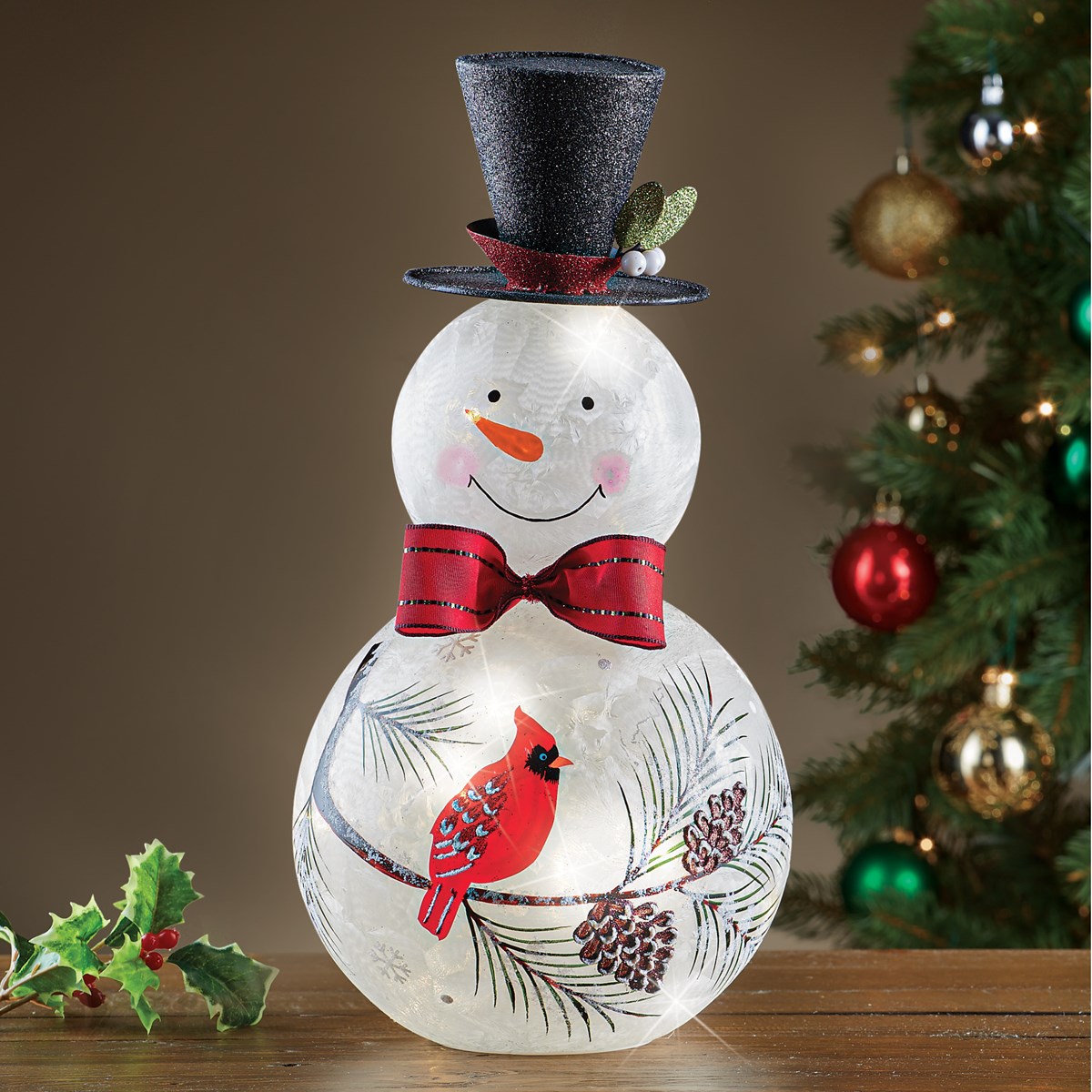 Lighted Frosted Glass Snowman with Cardinal Accent Collections Etc.