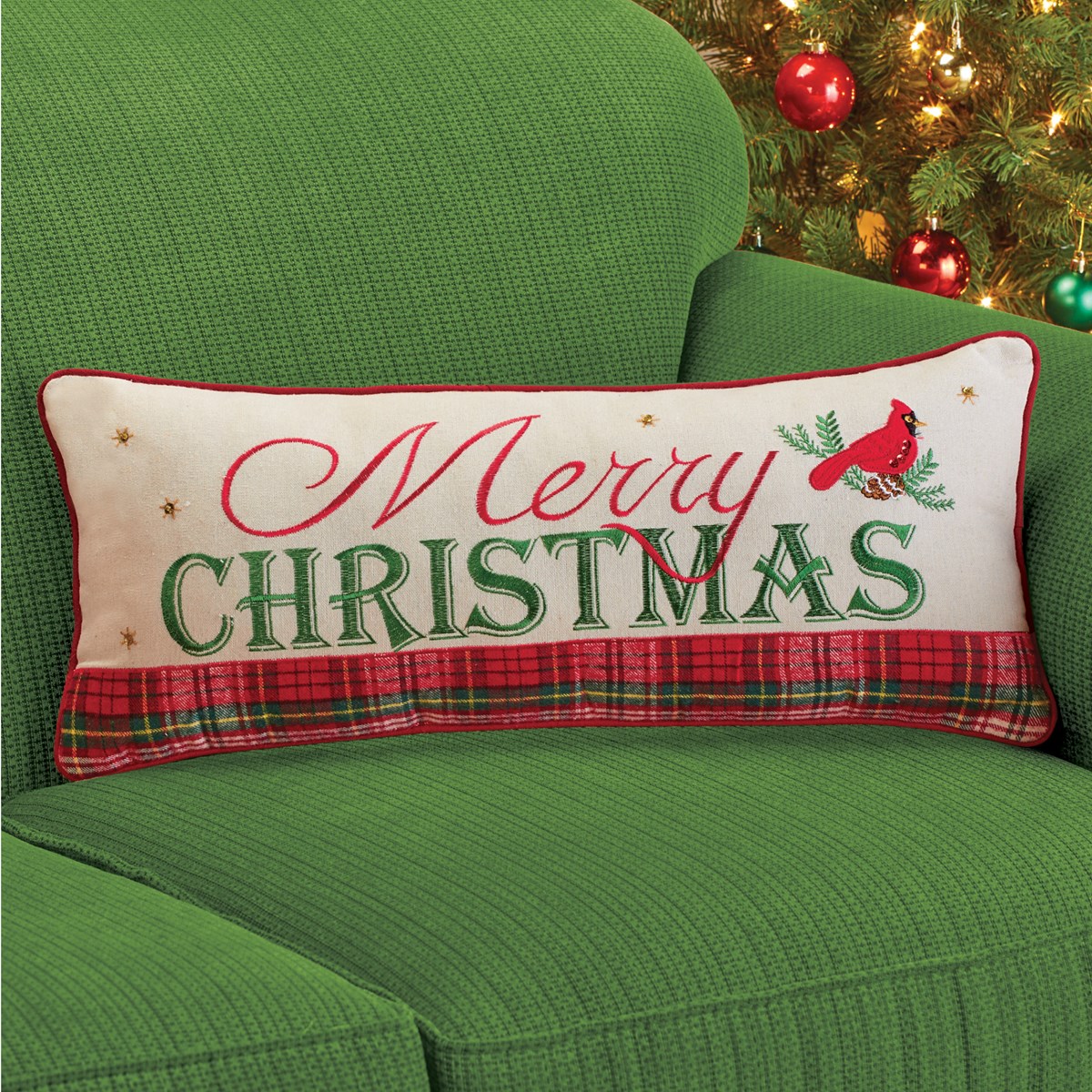 Merry Christmas Plaid Pillow with Red Piping Collections Etc.