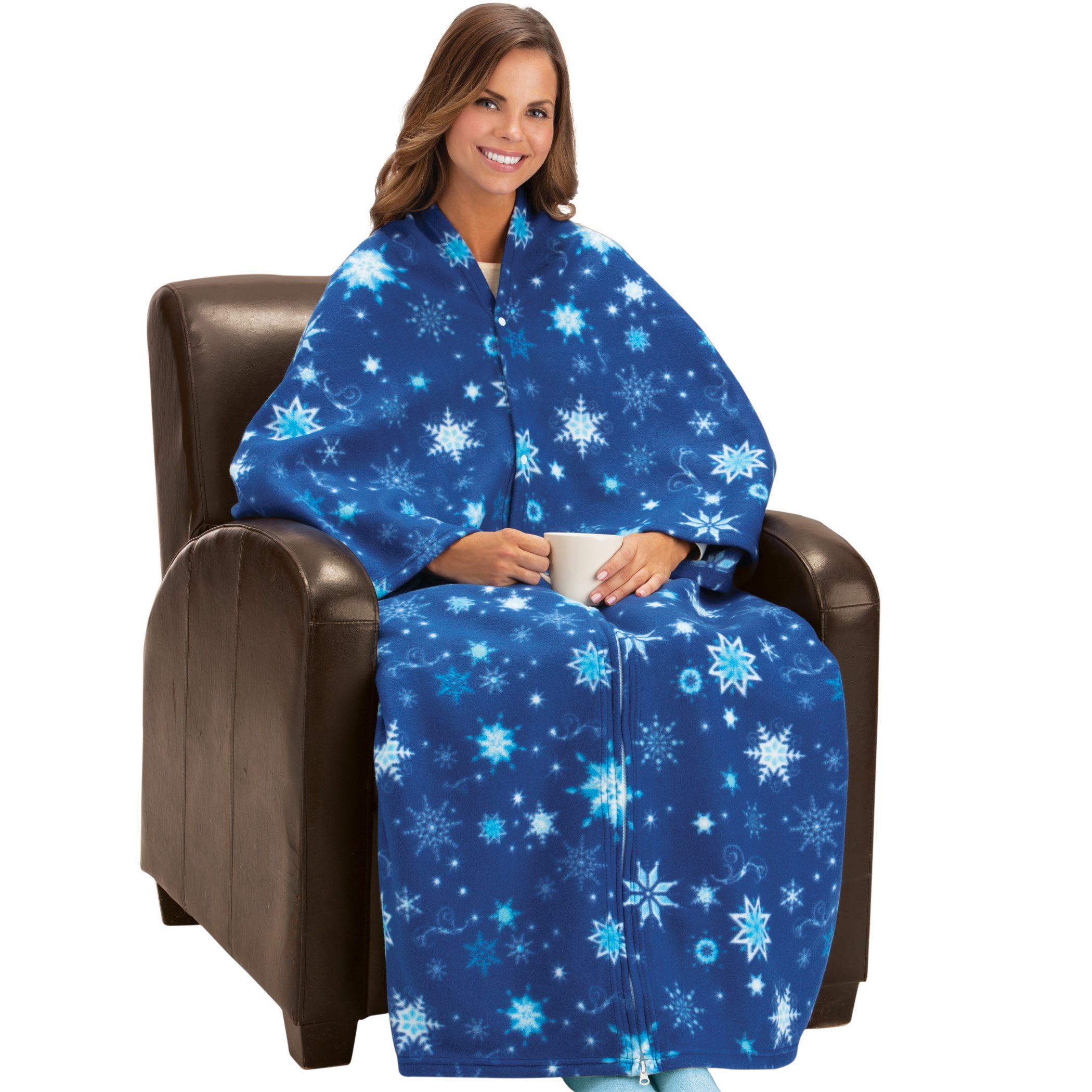 Snowflake Fleece Cuddle Wrap with Zipper Standard Blue