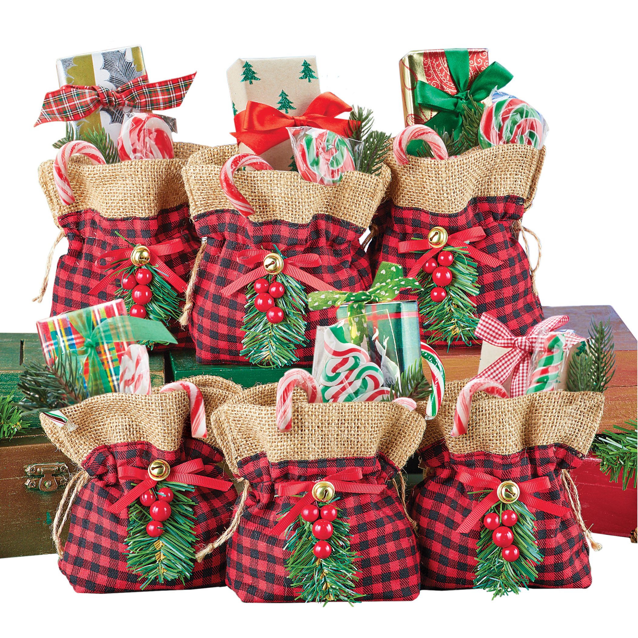Buffalo Plaid and Burlap Holiday Gift Bags - Set of 6