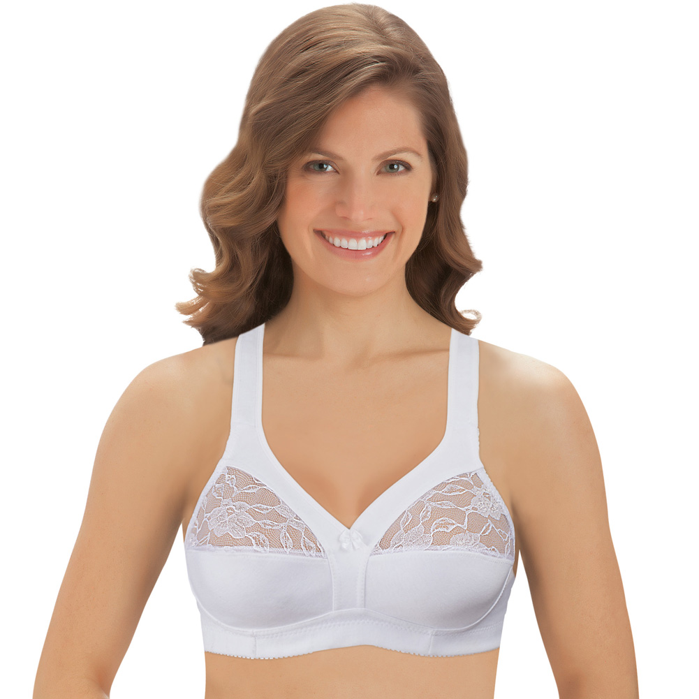 Cotton Bra - Underwire-Free with Lace Accents and Thick Straps for Extra Support, White, 42C