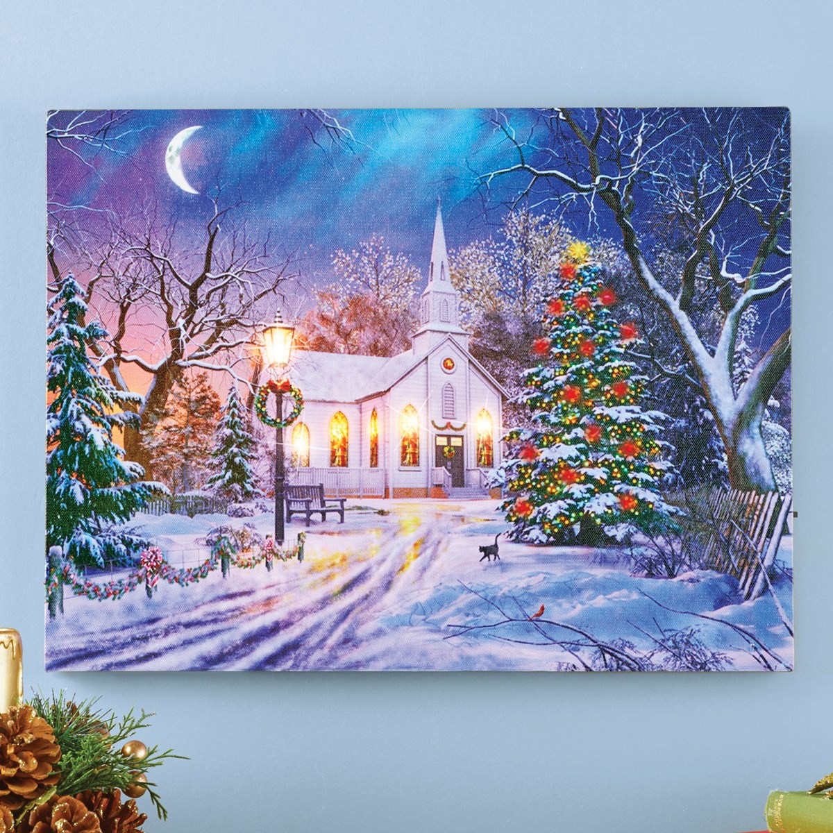 Lighted Evening at Snow Covered Church Canvas Wall Art Collections Etc.