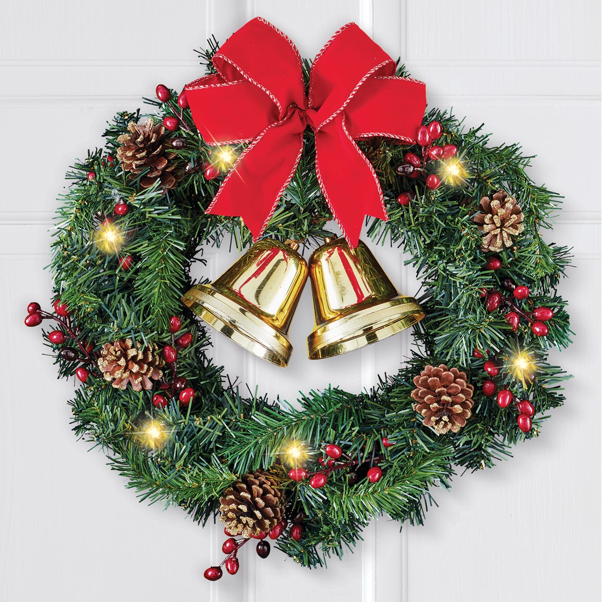 Lighted LED Holiday Bell Wreath with Red Bow | Collections Etc.