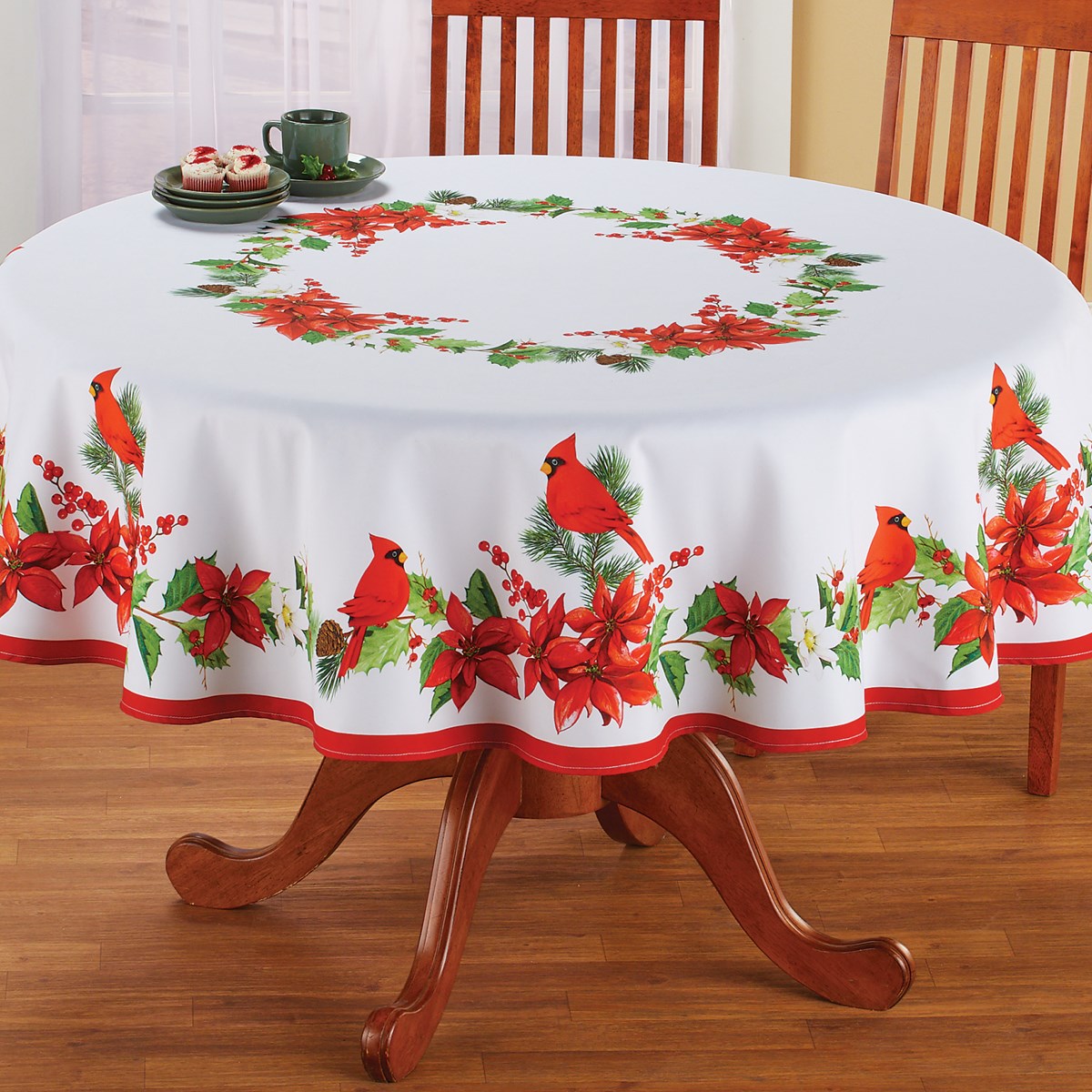 Poinsettia Cardinal Tablecloth with Red Border Collections Etc.