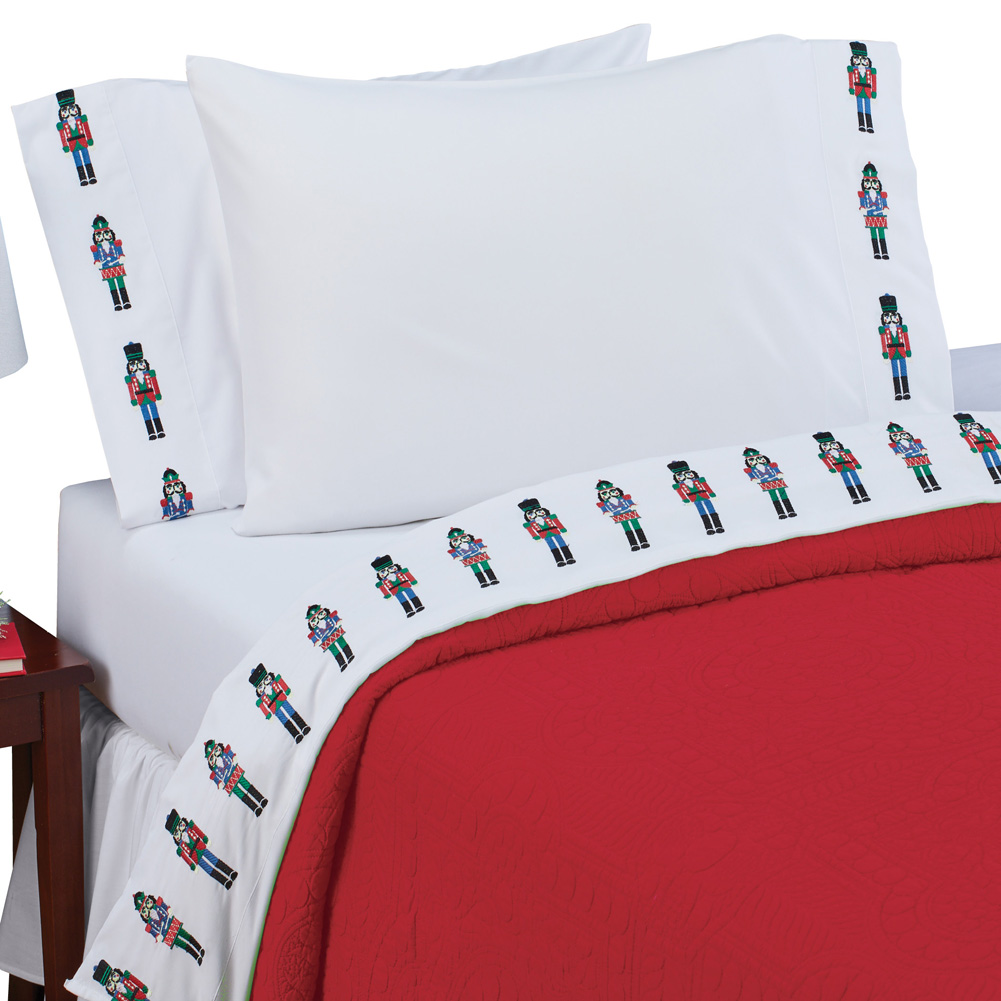 Embroidered Festive Nutcracker Border Sheet Set Holiday Bedroom Decor
