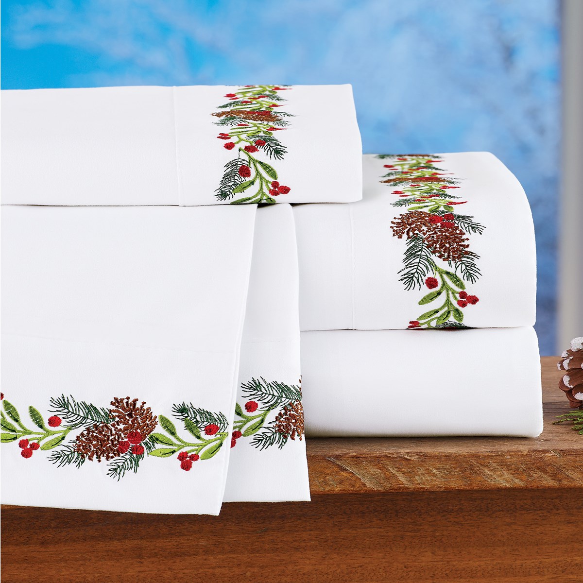 Holly and Berry Embroidered Sheets Set Collections Etc.