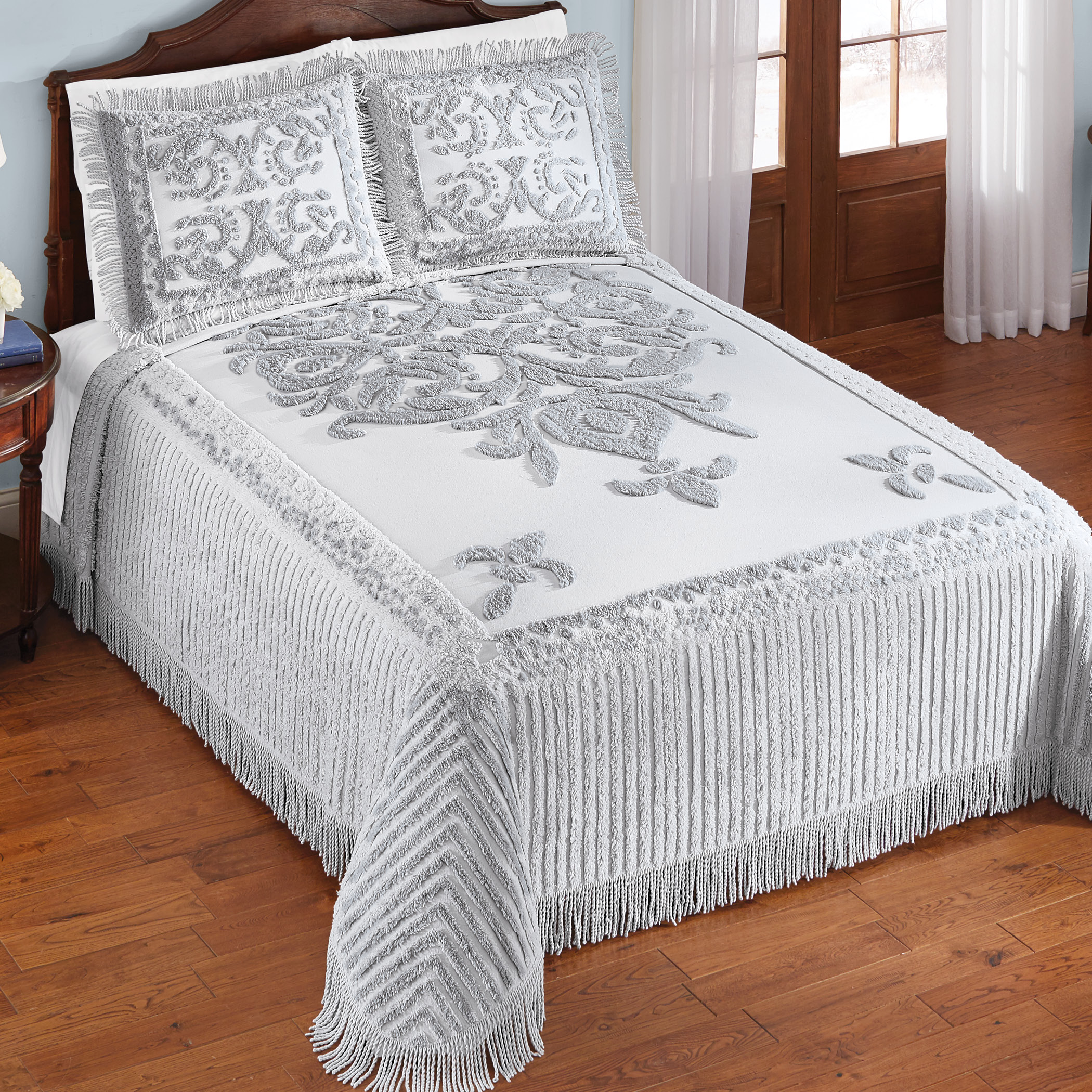 Bedroom Decor Sophia Medallion Design Chenille Bedspread with Textured Sides and Fringe Border
