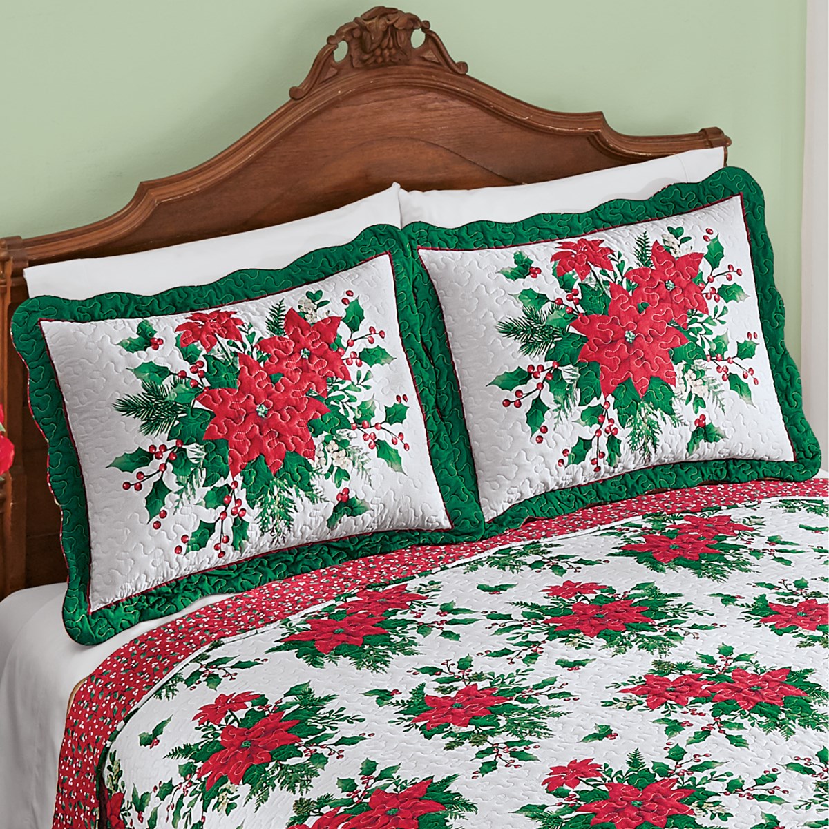 Festive Poinsettia Holly Scalloped Pillow Sham Collections Etc.