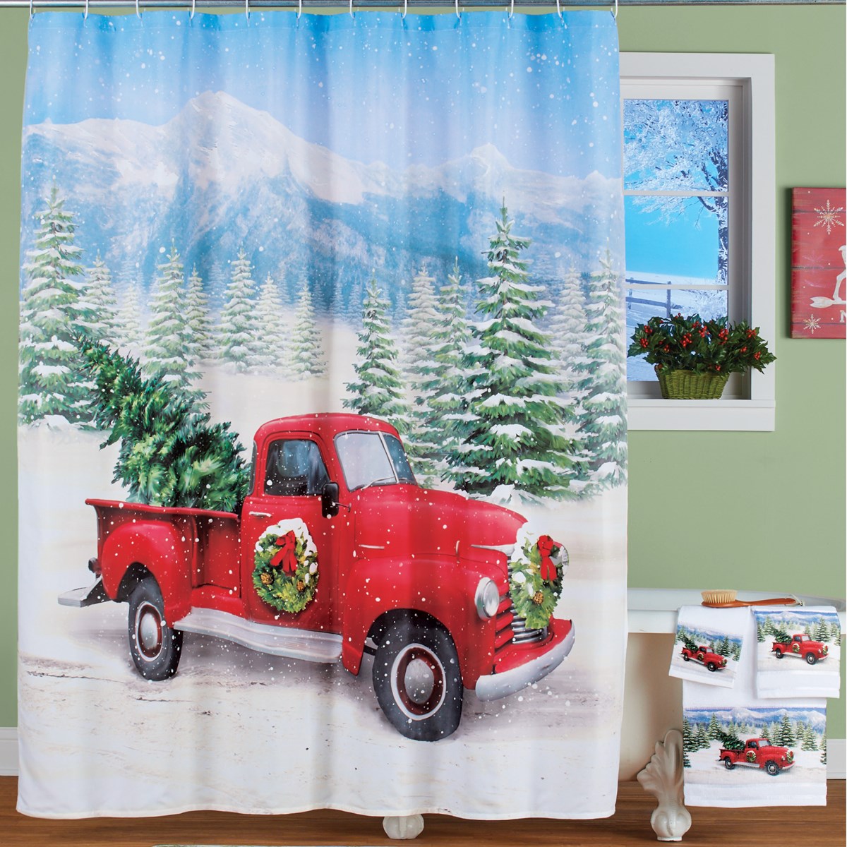 Classic Red Pickup Truck Holiday Shower Curtain Collections Etc.