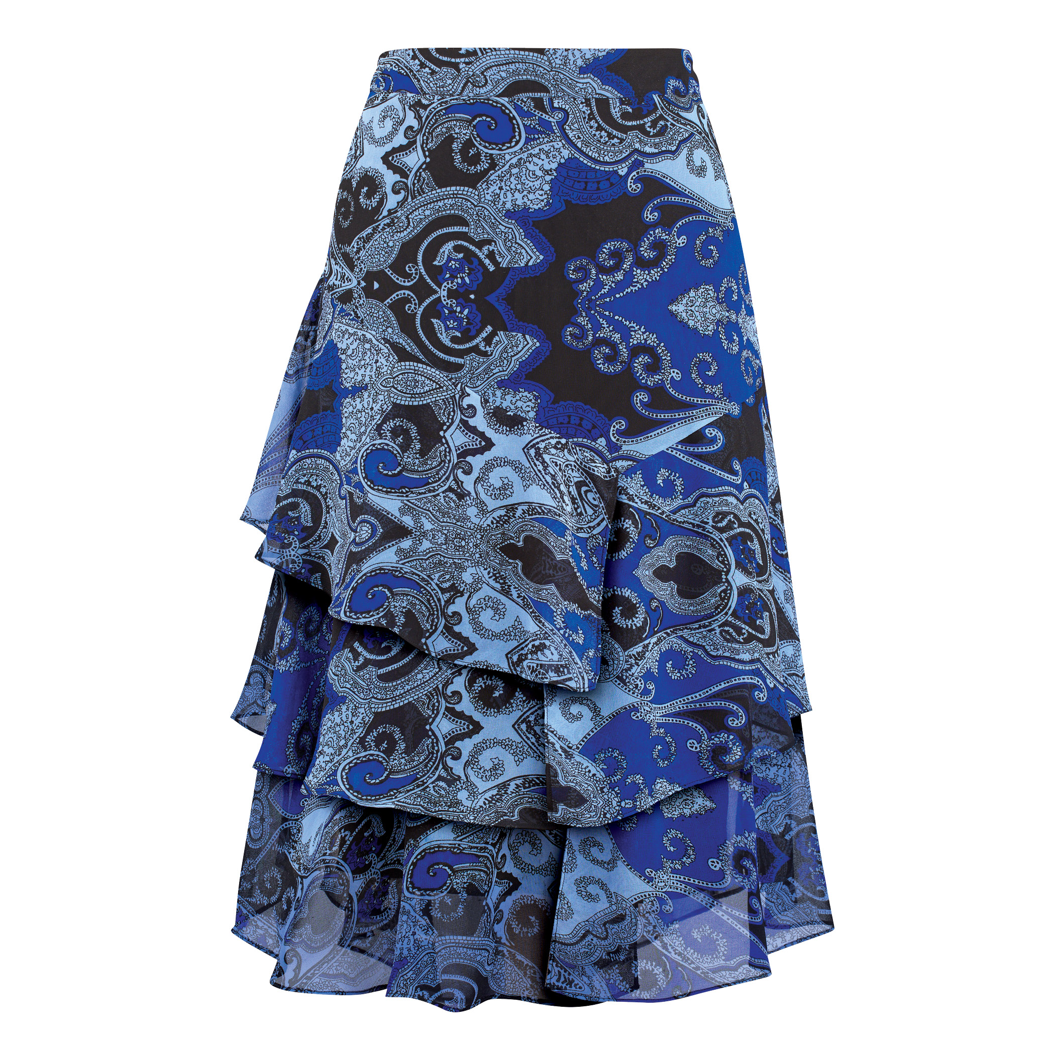 Triple Tiered Chiffon Ruffled Skirt with Elastic Waistband - Stylish Outfit, Blue Multi, Medium