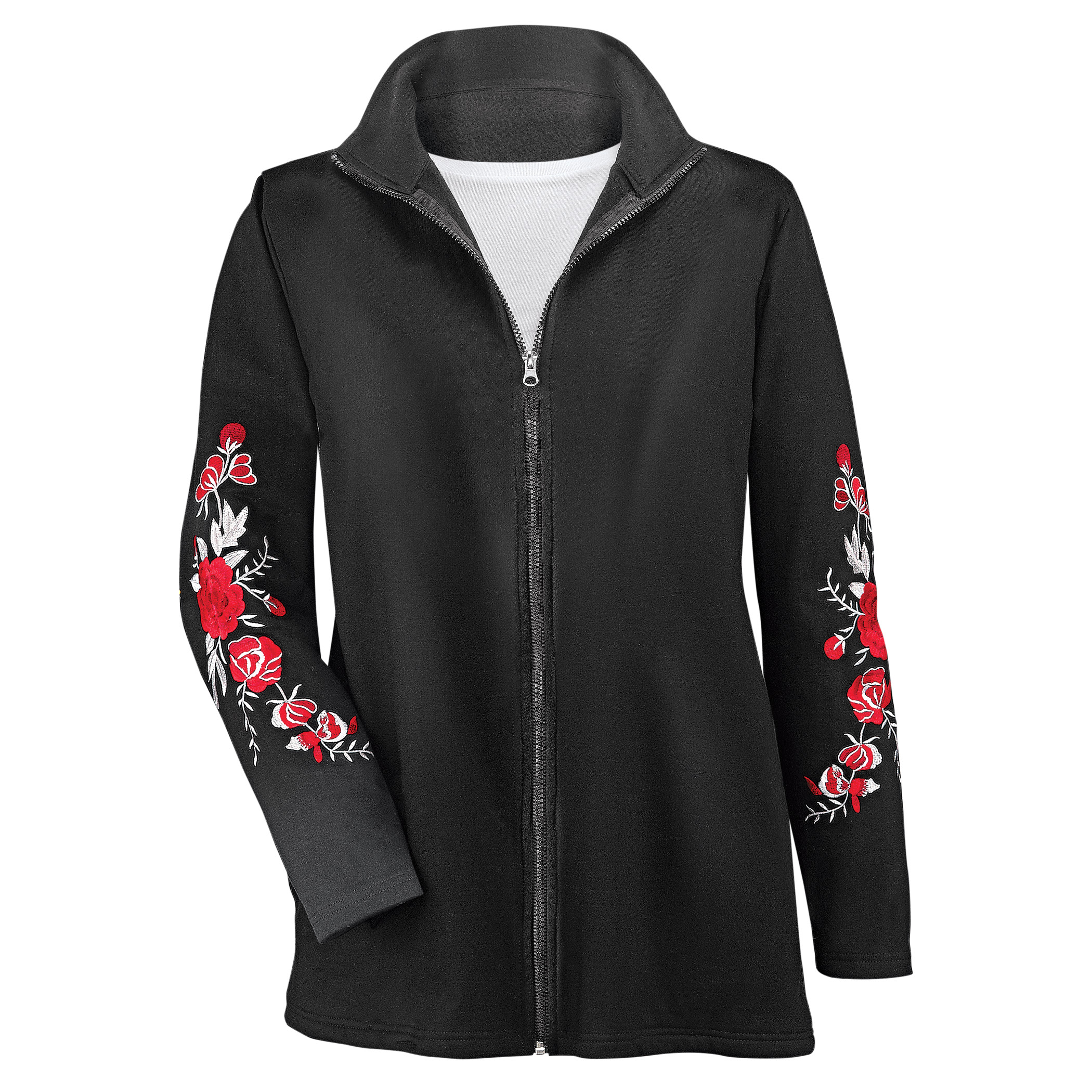 Embroidered floral long sleeve knit jacket with pockets and zip front