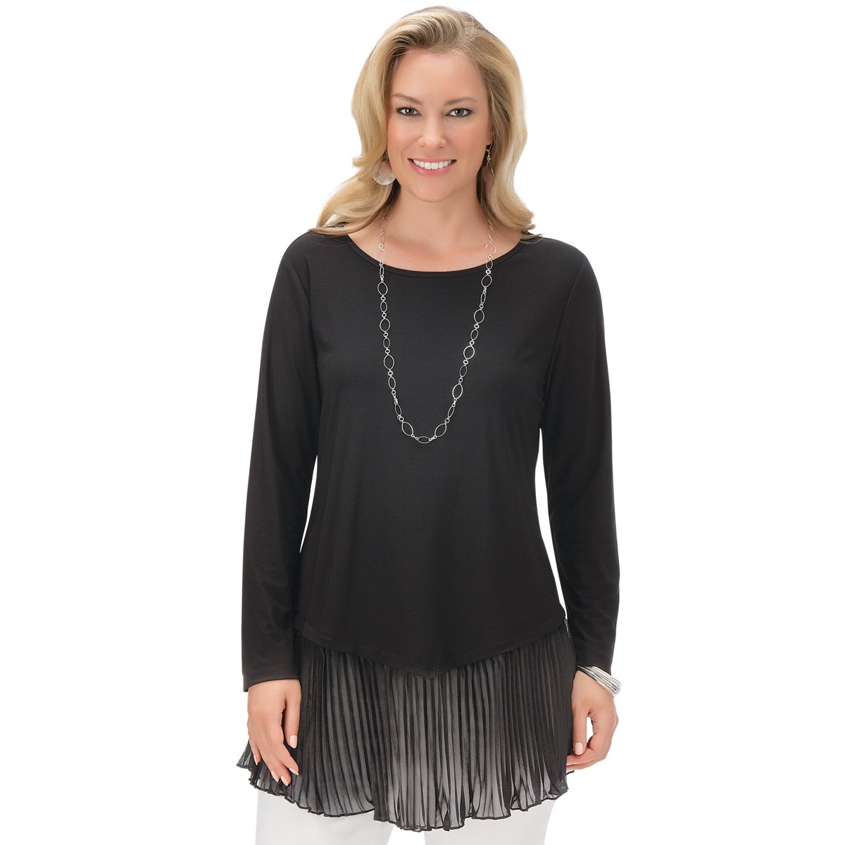 Pleated Trim Long Jersey Knit Tunic with Scoop Neck Collections Etc.