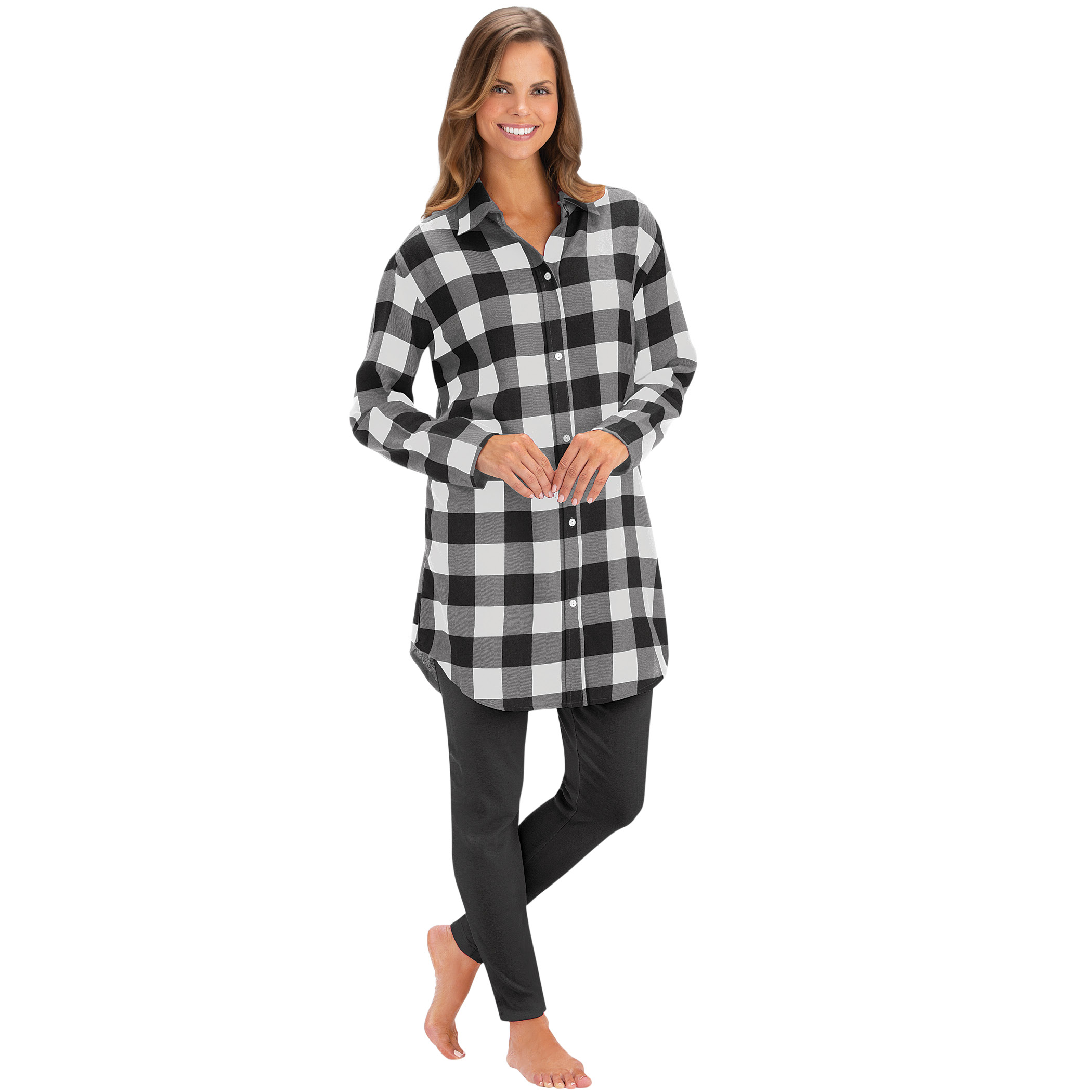 Plaid Flannel Button-Down Tunic and Knit Leggings - Comfy Casual Outfit Set, Ivory, XX-Large