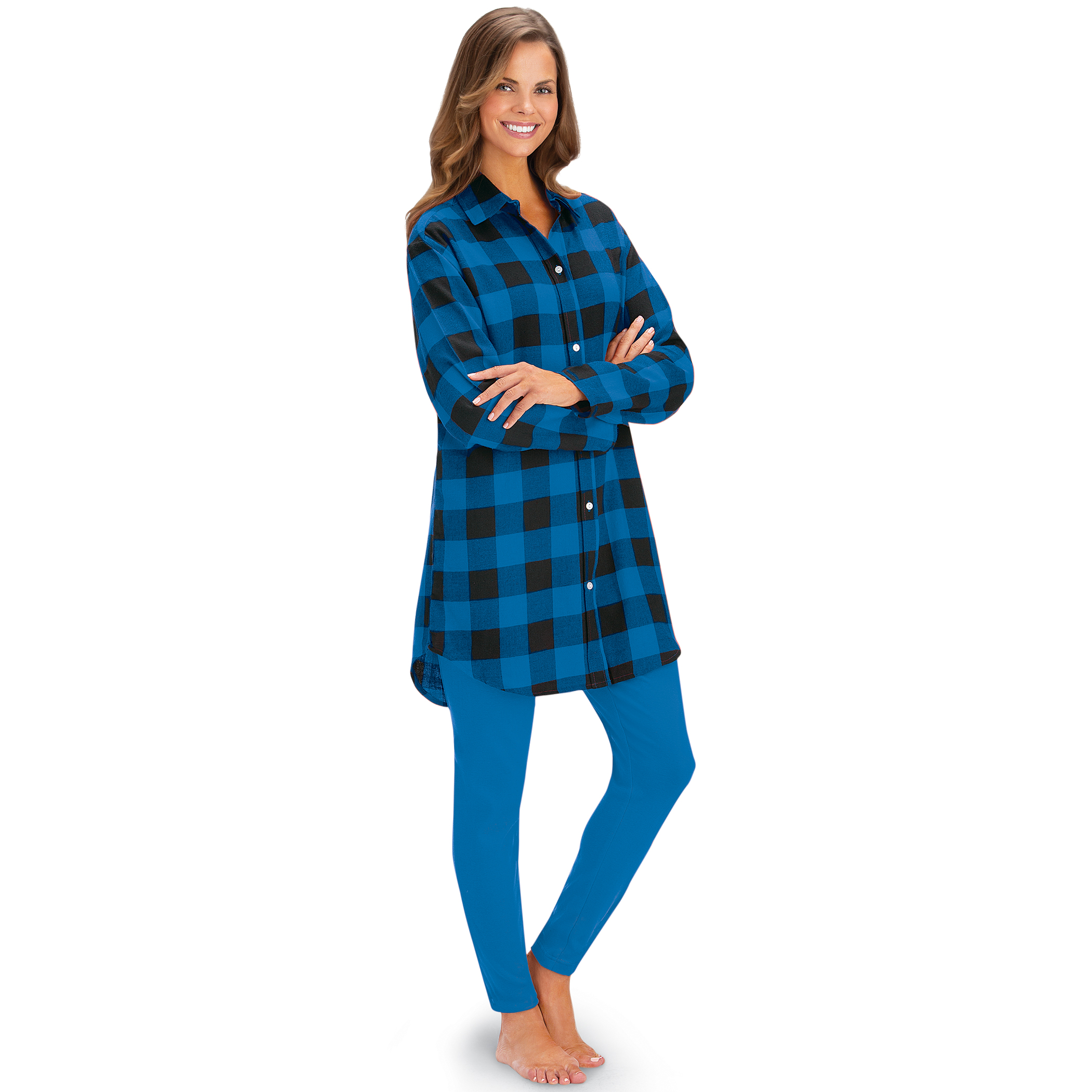 Women's Plaid Flannel Button-Down Tunic and Leggings Set Royal Blue Medium