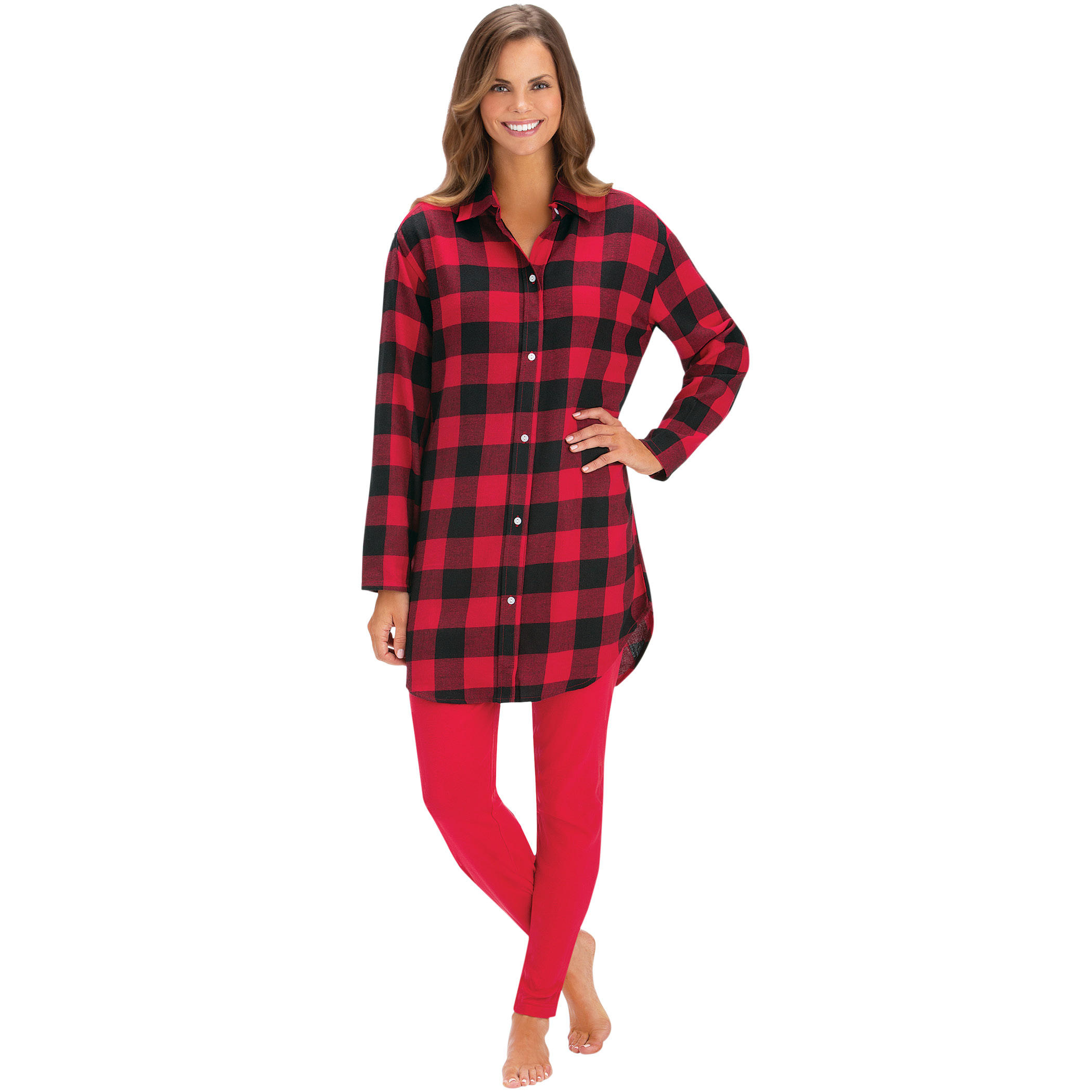 Plaid Flannel Button-Down Tunic and Knit Leggings - Comfy Casual Outfit Set, Red, XX-Large