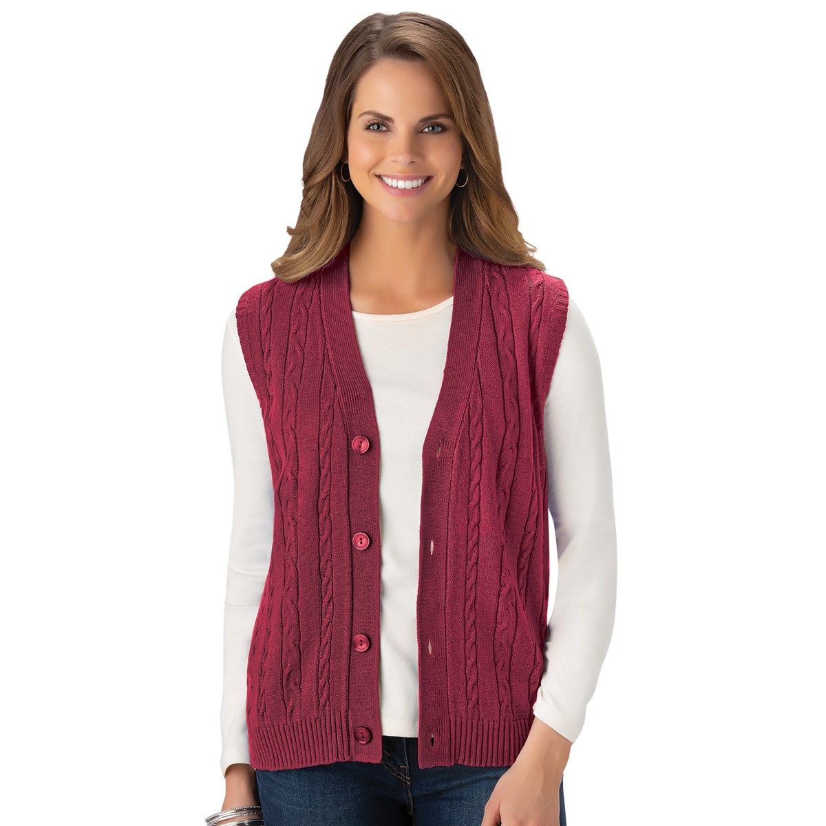 Cable Knit Sweater Vest with Button Front Collections Etc.