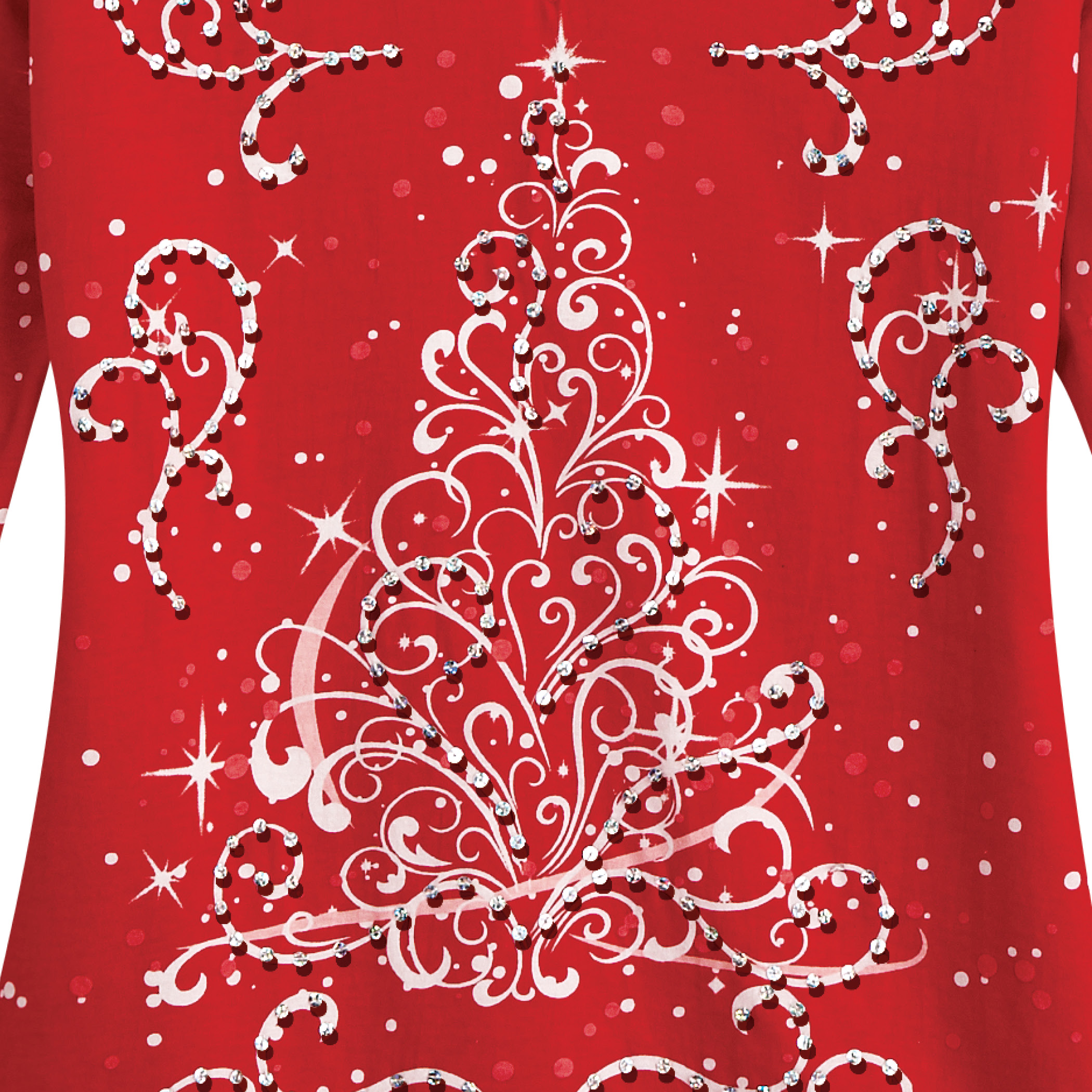 Festive Embellished Sparkling Holiday Tree Design Red Top with Scoop Neck Festive Embellished Sparkling Holiday Tree Design Red Top with Scoop Neck