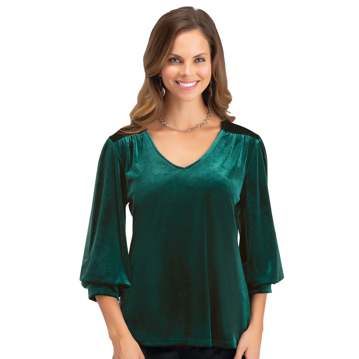 Blouson Sleeve Velvet Top with 3/4 Sleeves | Collections Etc.
