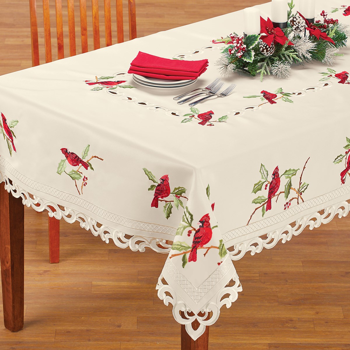 Cardinals Embroidered Ivory Tablecloth Collections Etc.