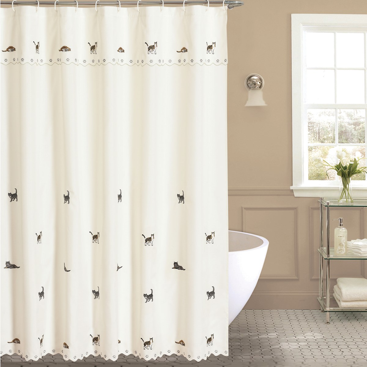 Embroidered Cats Shower Curtain with Scalloped Edges Collections Etc.